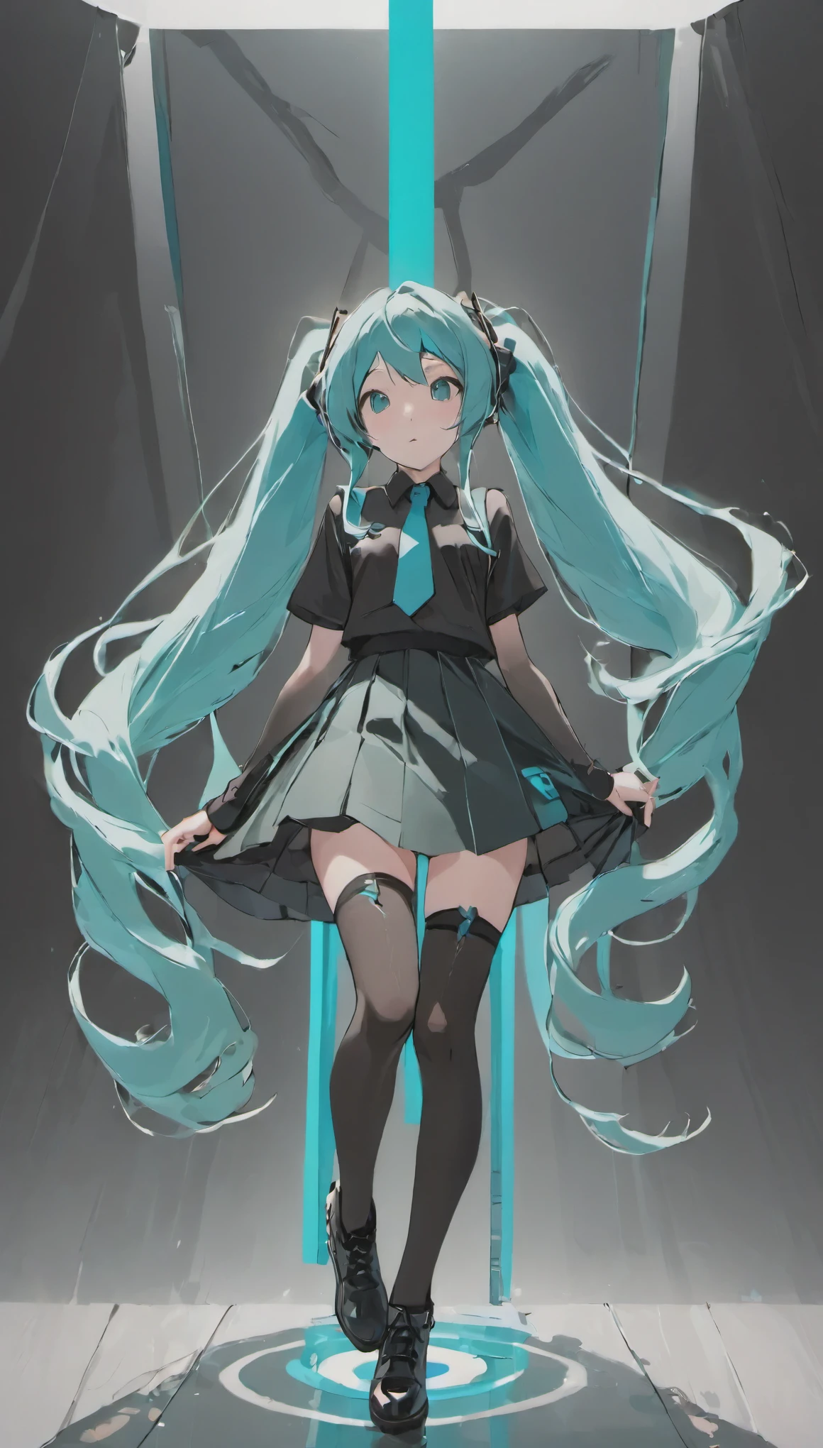 masterpiece, intricate details,highest quality, chromatic aberration, 1 girl, alone, skirt, Hatsune Miku, long hair, Thighhighs, twin tails, removed sleeve, tie, thigh boots, shirt, boots, black skirt, kneel down, No sleeve, headset, aqua eye, pleated skirt, aqua hair, full body, No sleeve shirt, simple background, zettai ryouiki, very long hair, white background, tattoo, black footwear, black Thighhighs, hair ornaments