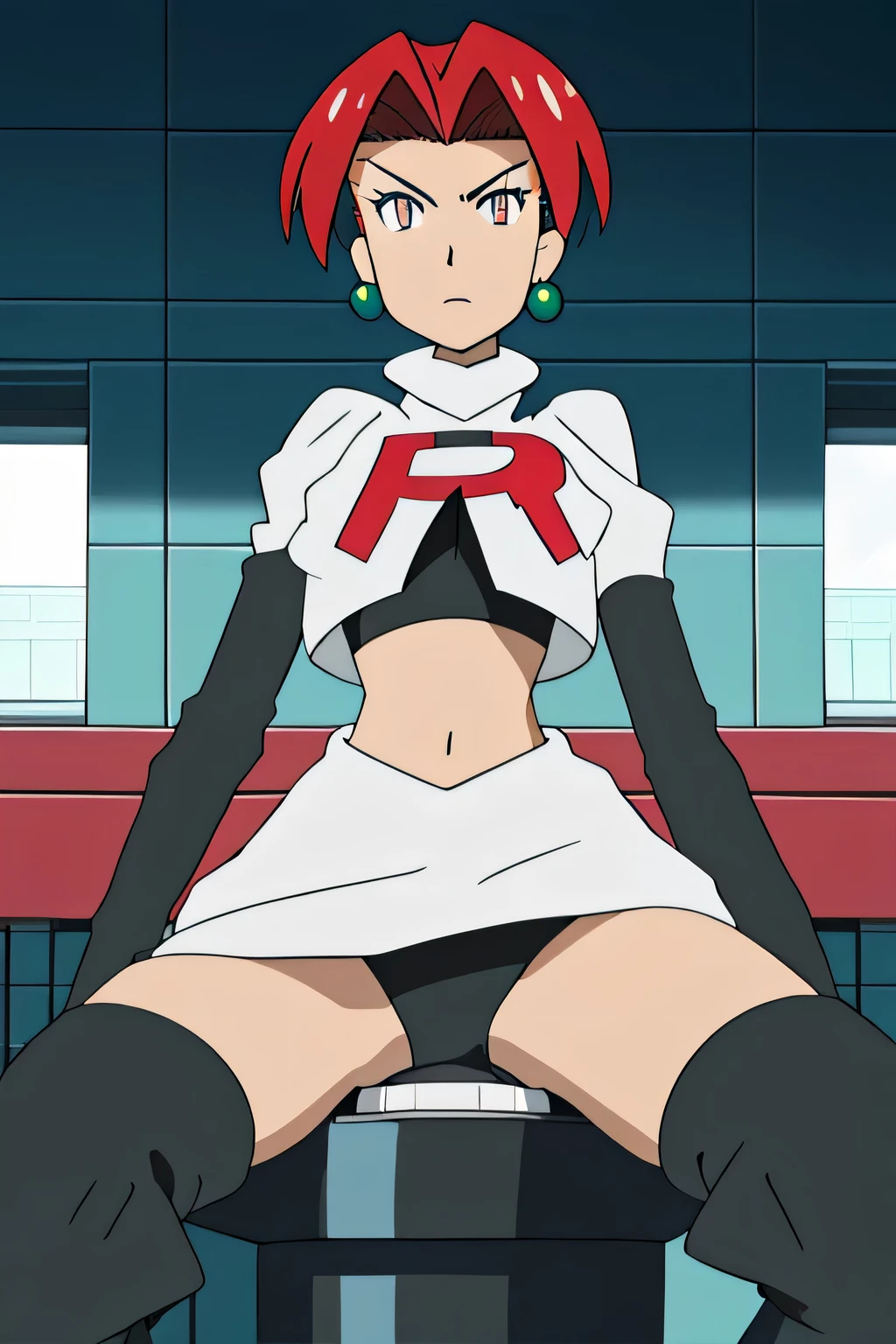 8k, masterpiece,highres, team rocket uniform, red letter r, white skirt,white crop top,black thigh-high boots, black elbow gloves, spread legs, black panties,on toilet,anime style, vivid colors, sharp focus, intense lightingleonie pinelli, short hair ,earrings, glossy lips