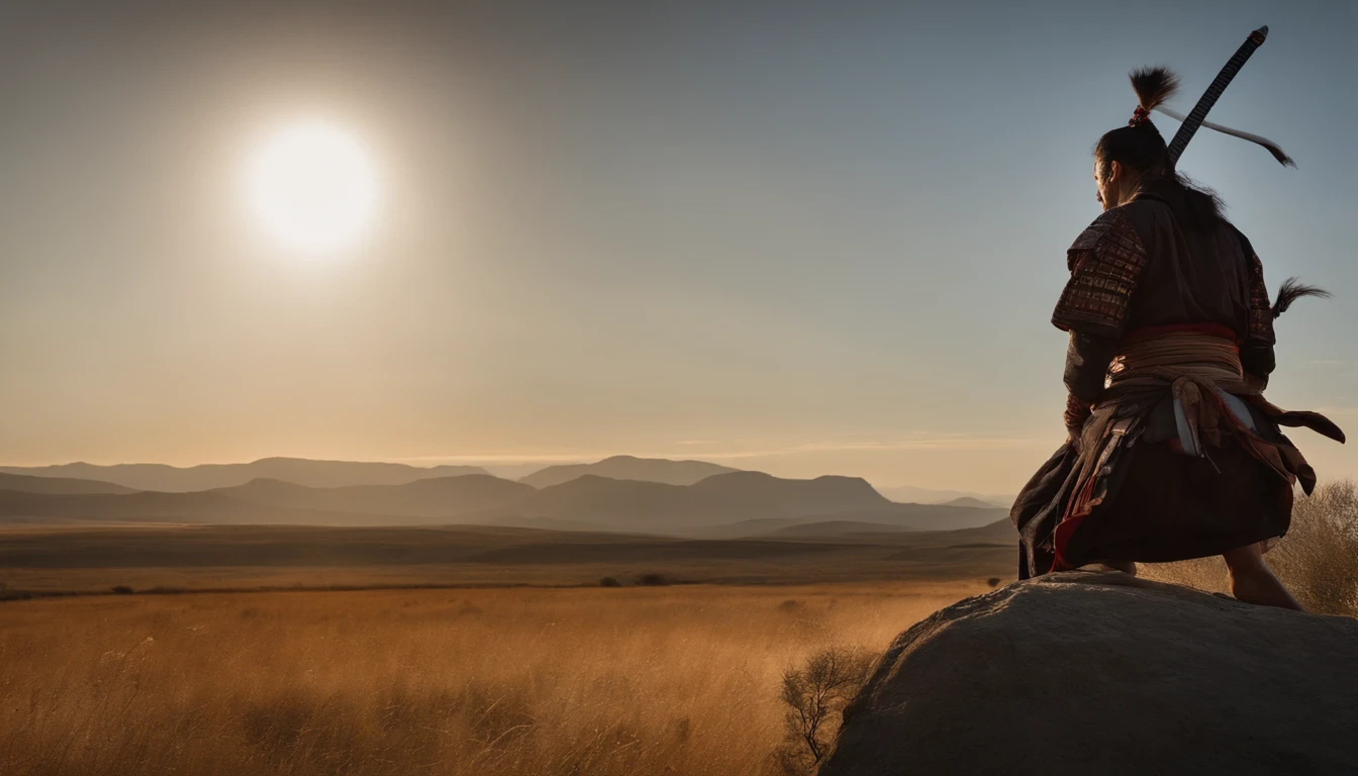 Samurai warrior with two swords, flowing black hair, Eye piercing, and strong structure,standing on a rock cliff Overlooking vast grasslands and a beautiful sunset.. The warrior's sword glowed., Reflecting the warm hues of the setting sun.. The scene is rendered in a hyper-realistic style., With meticulousness in every detail, From the intricate hair to the intricate folds of a warrior's kimono.. The lighting is amazing., The sun cast long shadows across the landscape and illuminated the faces of the warriors., It reinforces his determination and strength.. The color palette is rich and vibrant., Capture the vivid colors of the sunset contrasting with the dark tones of the warriors' attire.. The overall atmosphere is intense and powerful., cause a feeling of honor, courage, and flexibility.