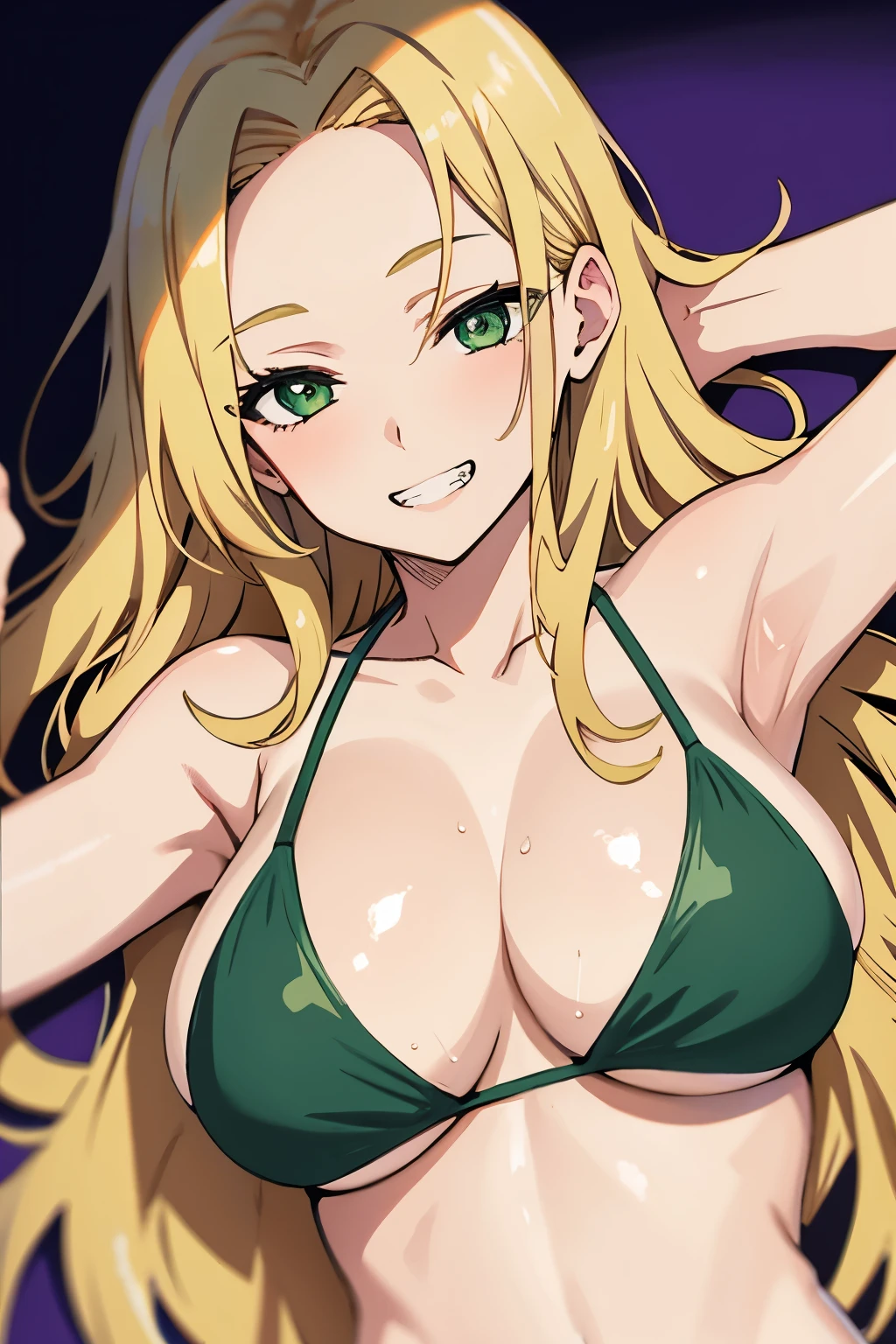 one girl, long hair, blonde hair, dark green eyes,forehead,big breasts,(seductive smile,clenched teeth),dark green bikini top,hands behind head,lying down,violet background, simple background,pov from front and above,(suntan),shining body,close up