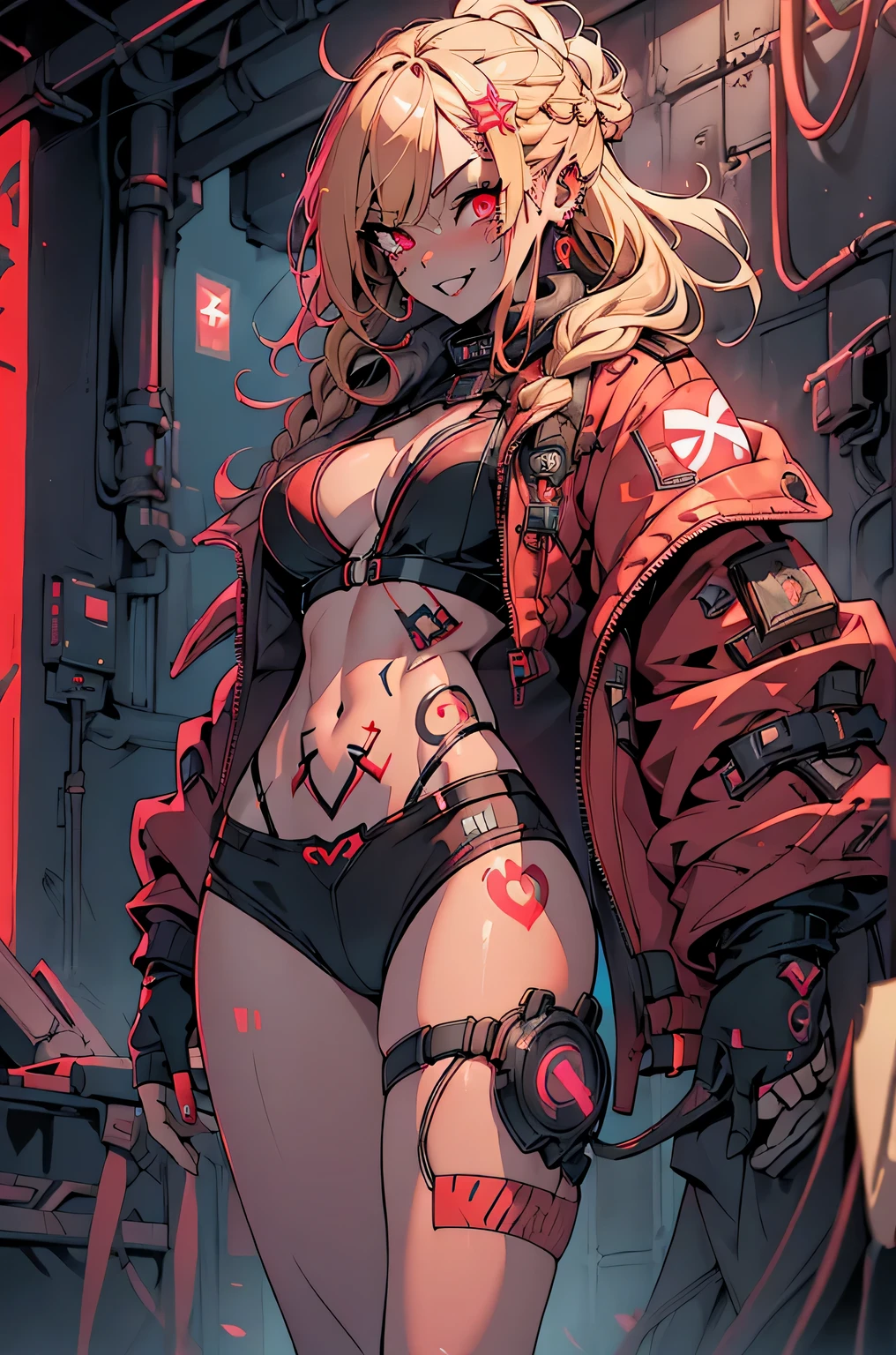 1girl, rebecca \(cyberpunk\), full body, solo, blonde braid hair, glowing red eyes,laugh fearlessly, leg tattoo, neck tattoo, large chest, black bra, thong, red pupils, skin fang, red eyes, black jacket,