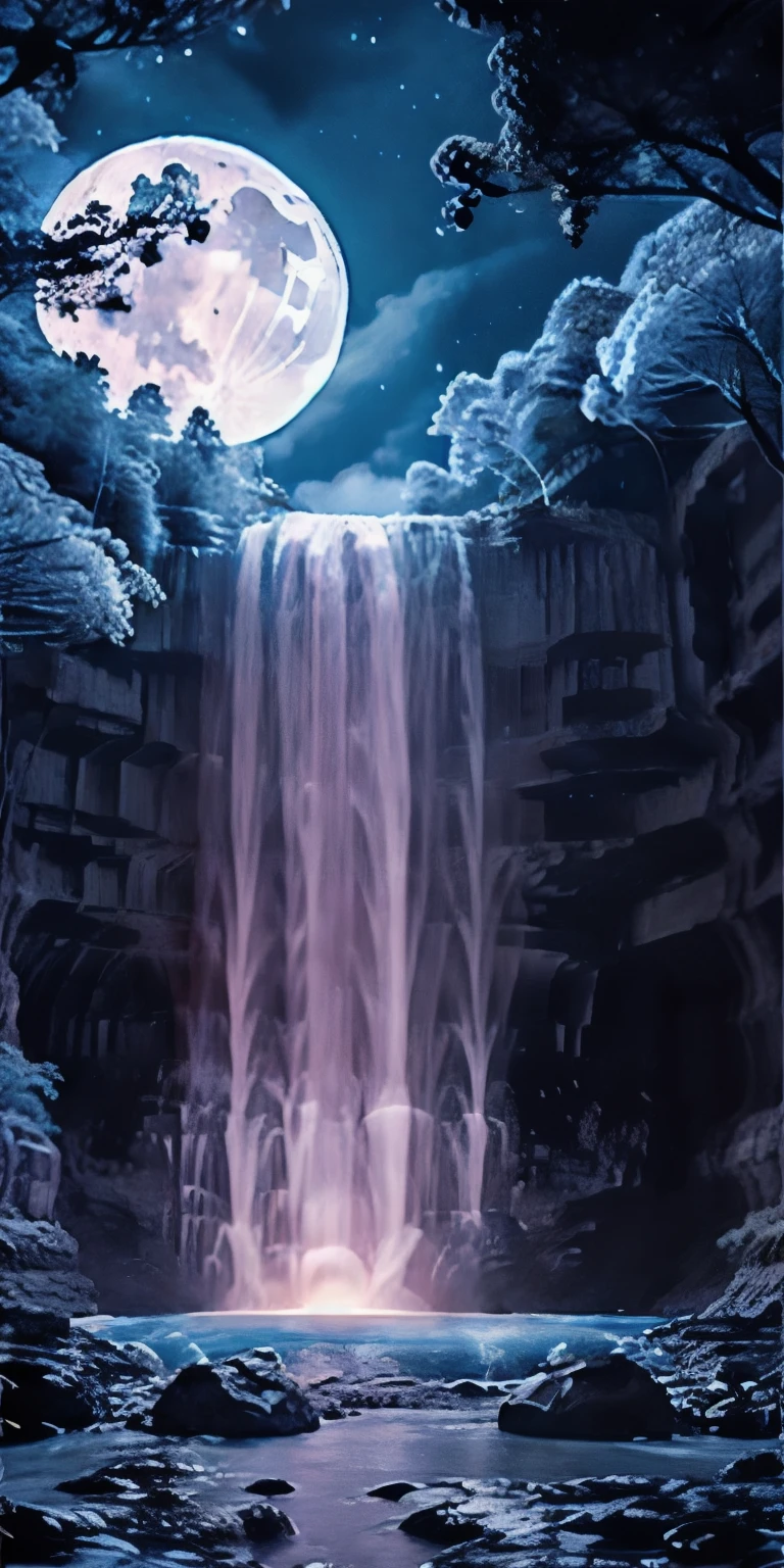 pink、Big orange moon, Teal Sky, 柔らかいpinkの雲,A big waterfall flows under the moon、in the forest、snow、Sparkling, fantasy, diamond, universe, soft light、pink