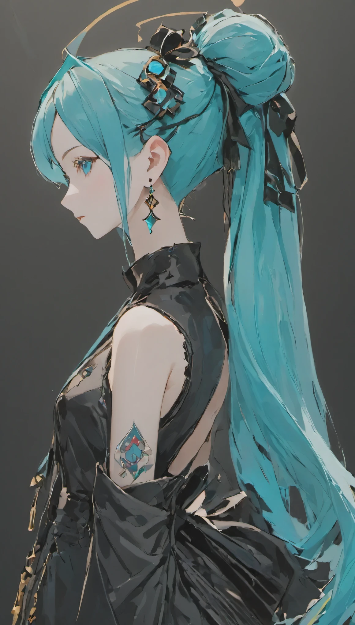 hair ornaments、earrings、tattoo、goth_punk, 1 girl, alone,、highest quality, realistic, Super delicate illustration, beautiful and attractive anime girl, miku hatsune, slender body, tied hair, one girl, girl pictures, full body shot, beautiful blue eyes, looked back,ear nipple rings、hair ornaments、gem、miku hatsune、