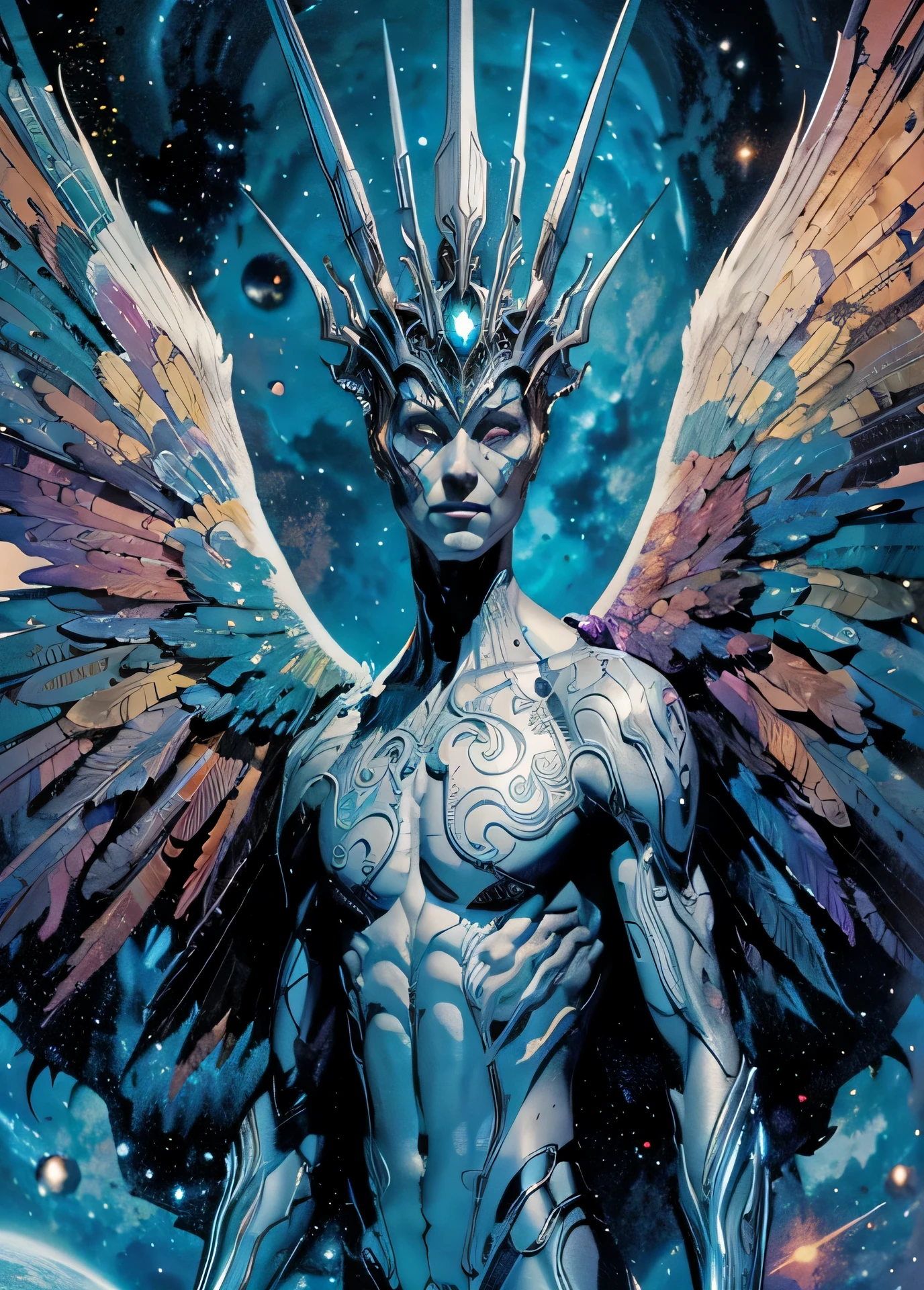 um close up de um homem com asas no corpo, cosmic horror entity with wings, inspirado em Ryan Stegman, inspirado em Philippe Druillet, asgardiano, inspirado em Zoltan Boros, metahumano, inspirado em Rob Liefeld, Felipe Hunting, divindade detalhada, humano alado, strange ethereal being, tor da maravilha, inspirado em Xul Solar, arconte