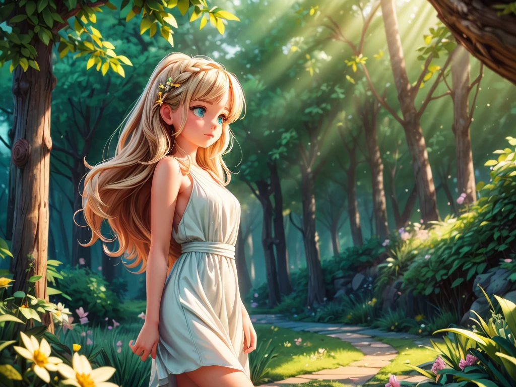 (best quality,4k,8k,highres,masterpiece:1.2),ultra-detailed,(realistic,photorealistic,photo-realistic:1.37),vector art,girl in forest,beautiful detailed eyes,[long eyelashes],beautiful detailed lips,emerald green eyes with a hint of mystery,soft pink lips with a delicate curve,soft sunlight shining through the dense leaves,gentle breeze rustling the girl's hair,tiny wildflowers blooming at her feet,peaceful atmosphere,the girl wearing a flowing white dress,looking off into the distance with a calm expression,long wavy hair cascading down her shoulders,dappled light creating a play of shadows on her face,subtle hues of green and brown in the forest,magical and dreamlike vibes
