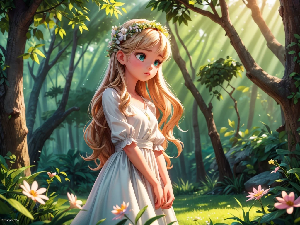 (best quality,4k,8k,highres,masterpiece:1.2),ultra-detailed,(realistic,photorealistic,photo-realistic:1.37),vector art,girl in forest,beautiful detailed eyes,[long eyelashes],beautiful detailed lips,emerald green eyes with a hint of mystery,soft pink lips with a delicate curve,soft sunlight shining through the dense leaves,gentle breeze rustling the girl's hair,tiny wildflowers blooming at her feet,peaceful atmosphere,the girl wearing a flowing white dress,looking off into the distance with a calm expression,long wavy hair cascading down her shoulders,dappled light creating a play of shadows on her face,subtle hues of green and brown in the forest,magical and dreamlike vibes