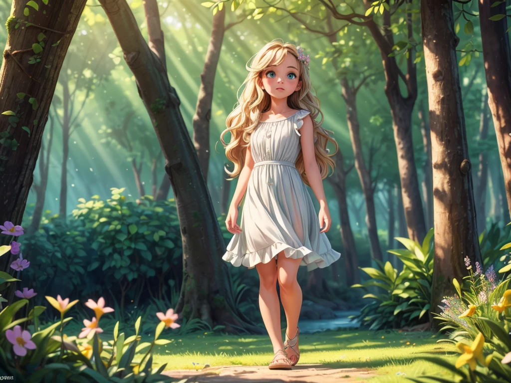 (best quality,4k,8k,highres,masterpiece:1.2),ultra-detailed,(realistic,photorealistic,photo-realistic:1.37),vector art,girl in forest,beautiful detailed eyes,[long eyelashes],beautiful detailed lips,emerald green eyes with a hint of mystery,soft pink lips with a delicate curve,soft sunlight shining through the dense leaves,gentle breeze rustling the girl's hair,tiny wildflowers blooming at her feet,peaceful atmosphere,the girl wearing a flowing white dress,looking off into the distance with a calm expression,long wavy hair cascading down her shoulders,dappled light creating a play of shadows on her face,subtle hues of green and brown in the forest,magical and dreamlike vibes