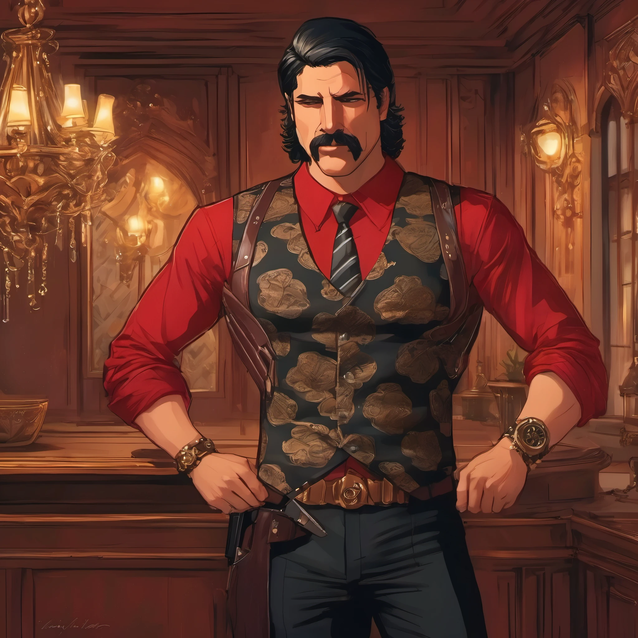 (obra maestra, Mejor calidad:1.2), 1 chico, thenahualli, serious, dangerous man, elegant, elegante, black vest, red shirt, standing, bodyguard of a long brown haired girl, bodyguard of a brunette girl with long hair, 1 girl, en mansion de lujo en Los Angeles, mansion de lujo moderna, in a luxury mansion in Los Angeles, at night, de noche