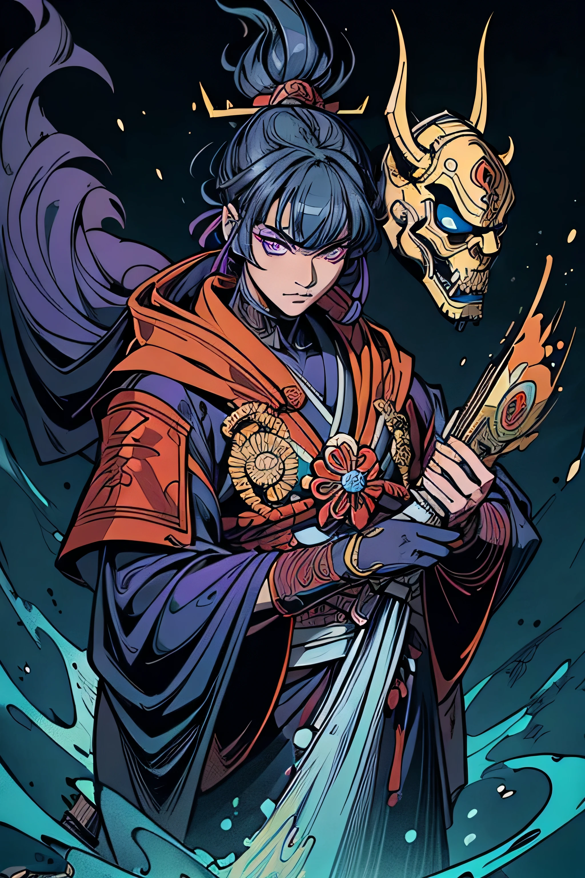 (um poderoso guerreiro samurai:1.1, atmosfera intensa, capacete blindado azul, golden samurai mask covering the face, estilo mortal kombat, manoplas douradas com azul, Armadura de perna dourada, Olhos azul brilhantes, esclera dos olhos preta, imposing presence, era feudal nobre, Samurai warrior from the Sengoku period, Formidable figure, pronto para a batalha, Destemido:1.1), olhos com escleras pretas estilo tokyo ghoul, red pupils, bright collors, paleta de cores azul, cor azul. The magnificent blue cloak seemed to have rippling water,If you look closely,Eyes will be instantly drawn to the deep blue,Even the entire soul will be sucked into the depths of the sea、Em meio ao azul infinito。 Parecia ter vinte e poucos anos, mas seu rosto bonito tinha um par de olhos profundos,Seus olhos pareciam vazioas parece ser abrangente,Ocasionalmente, an even more poignant flash of purple intent。There will be a shining moment、The Texture of Instant Life and Death。