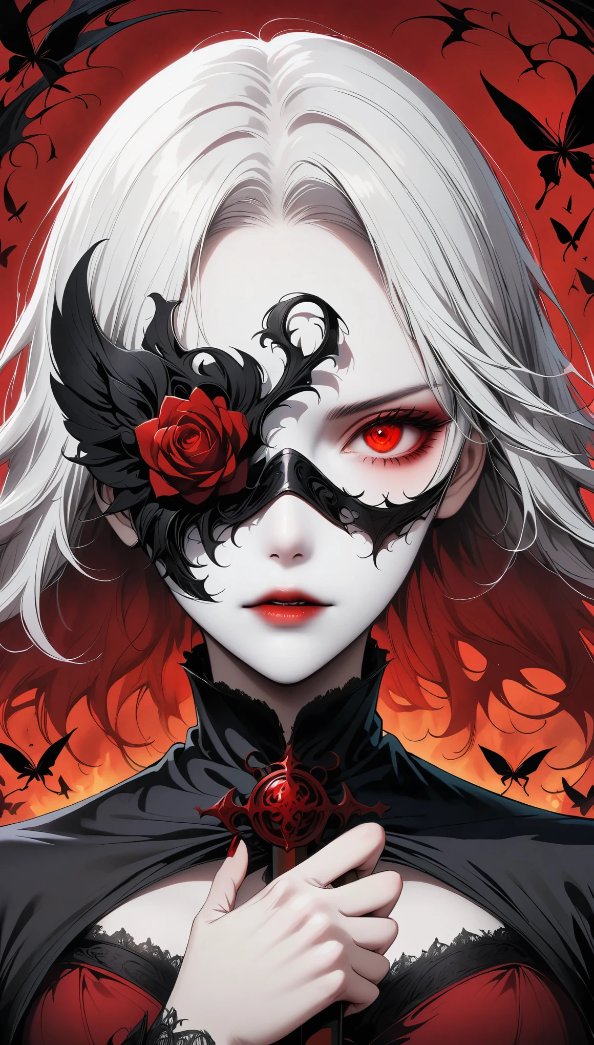 a silhouette of a vague presence, bright white eyes, red background, all black spikes头发, a silhouette of a vague presence, Fully white glowing eyes, red background, all black spikes,red rose,Fire butterflys