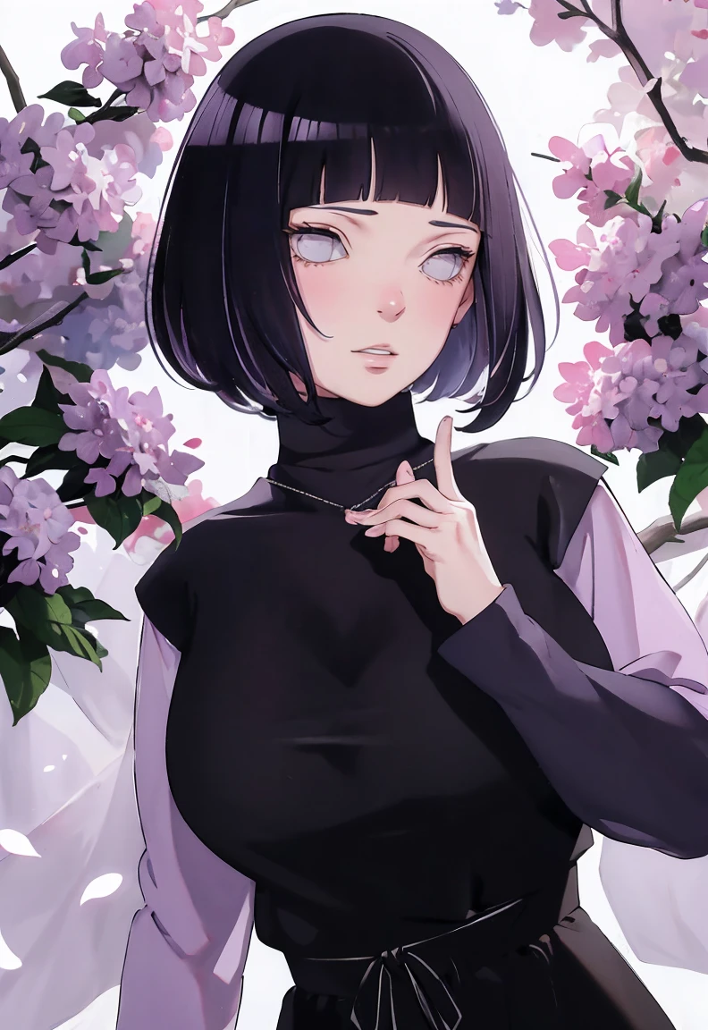 { - anatomy error} (Masterpiece - Ultra-detailed, very high resolution) (huge titusty, masterpiece, absurdres, hinata\(boruto\), 1girl, solo,mature female, lilac turtleneck blouse, black pant, looking at viewelling petals), perfect composition, detailed lips, big breast, beautiful face, body propotion, blush, (pink lips), short hair, (black hair), purple eyes, soft gaze, super realistic, detailed, photoshoot, realistic face and body, closed mouth , lilac eyes, upper body, hidden hands, perfect fingers, inocent face, portrait, Walking, writing, lying down, standing, on your back, dynamic poses