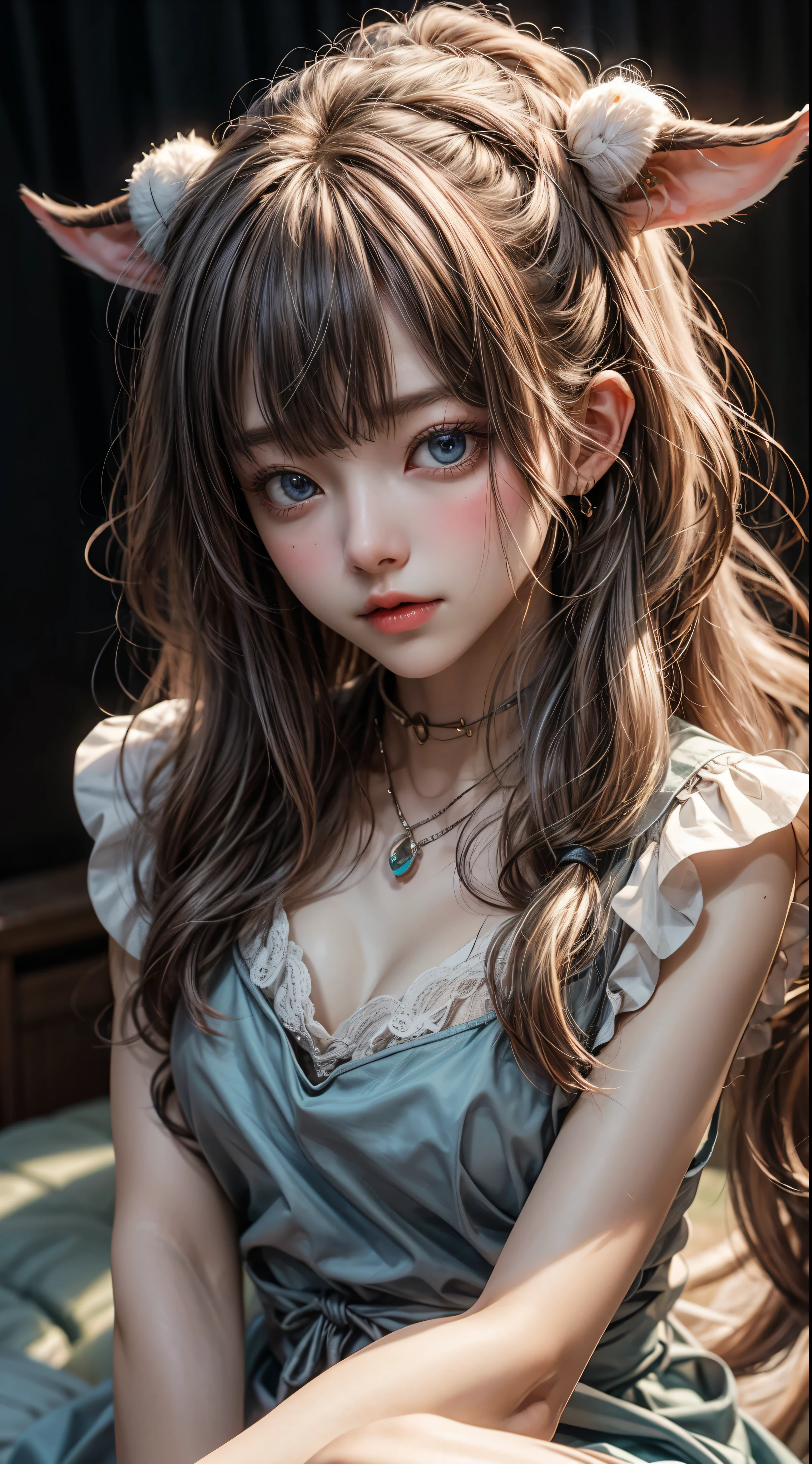 bright look、photorealism、highest quality、超A high resolution、photograph、A photo of a very beautiful girl from Scandinavia、extraordinary beautiful girl、cute and beautiful face details、(face to face with the children_V1:0.008)、beautiful bangs、alice in wonderland、18-year-old、radiant white skin、facial hair、Bangs that extend to the face、bangs between eyes、super long hair、Silky straight super long hair with an attractive pale platinum blonde color.、thin hair、Attractive and shining beautiful bright and clear light blue big eyes、white apron、yellow dress、eyeliner、double eyelid、rich bust、random sexy pose、goblin
