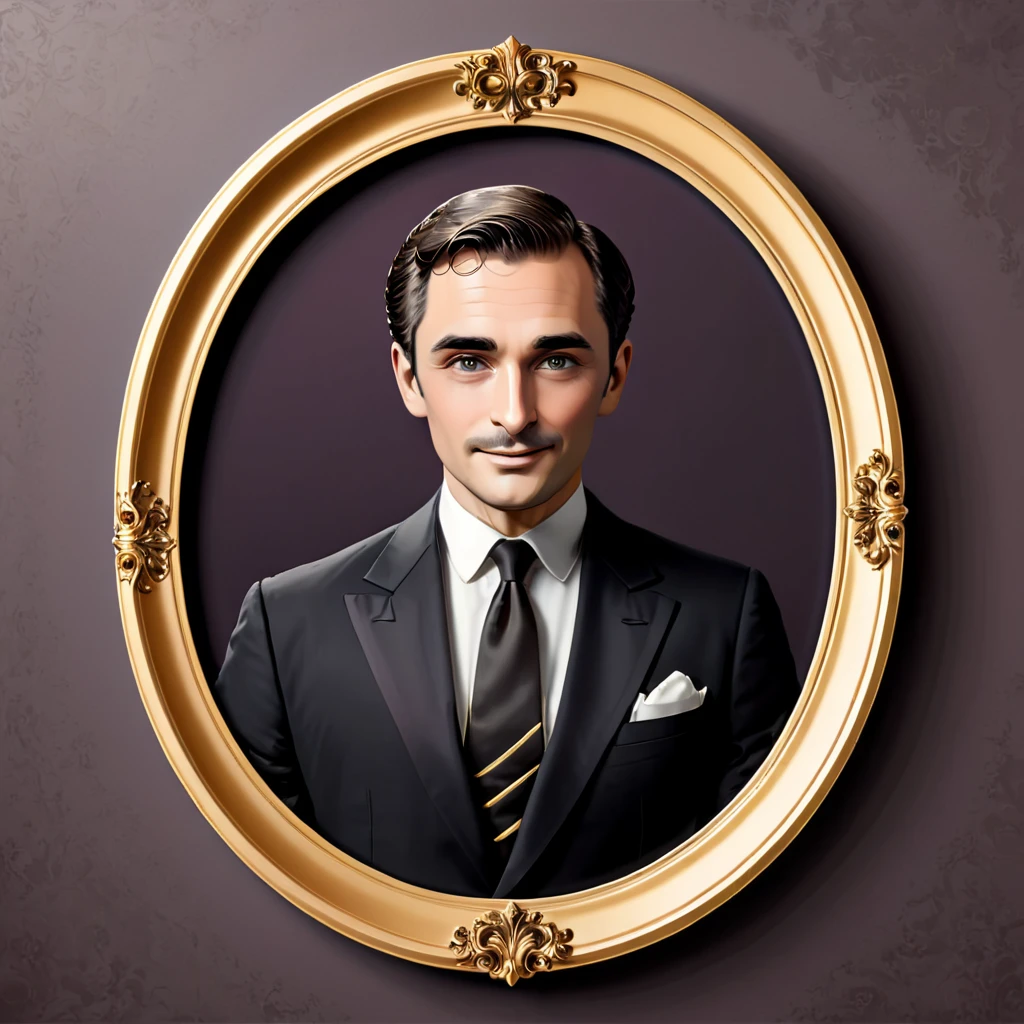 graphic vector illustration, classic wine etiquette , with a man picture inside oval frame, full vector, oval, black and gold color