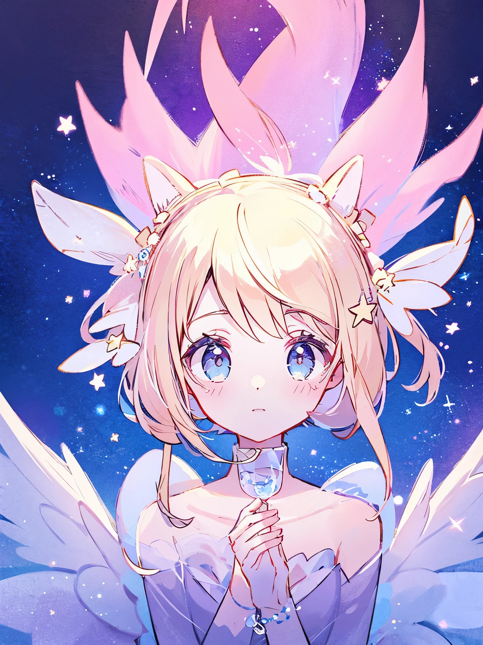 complex background, wishing star background, a woman wearing an ethereal mystical pink translucent dress that reflects the stars, perfume promo art, mystic, complex drawing, highly detailed, Covergirl brand, promo art, artistic rendition, ethereal, starry night, midjourney style