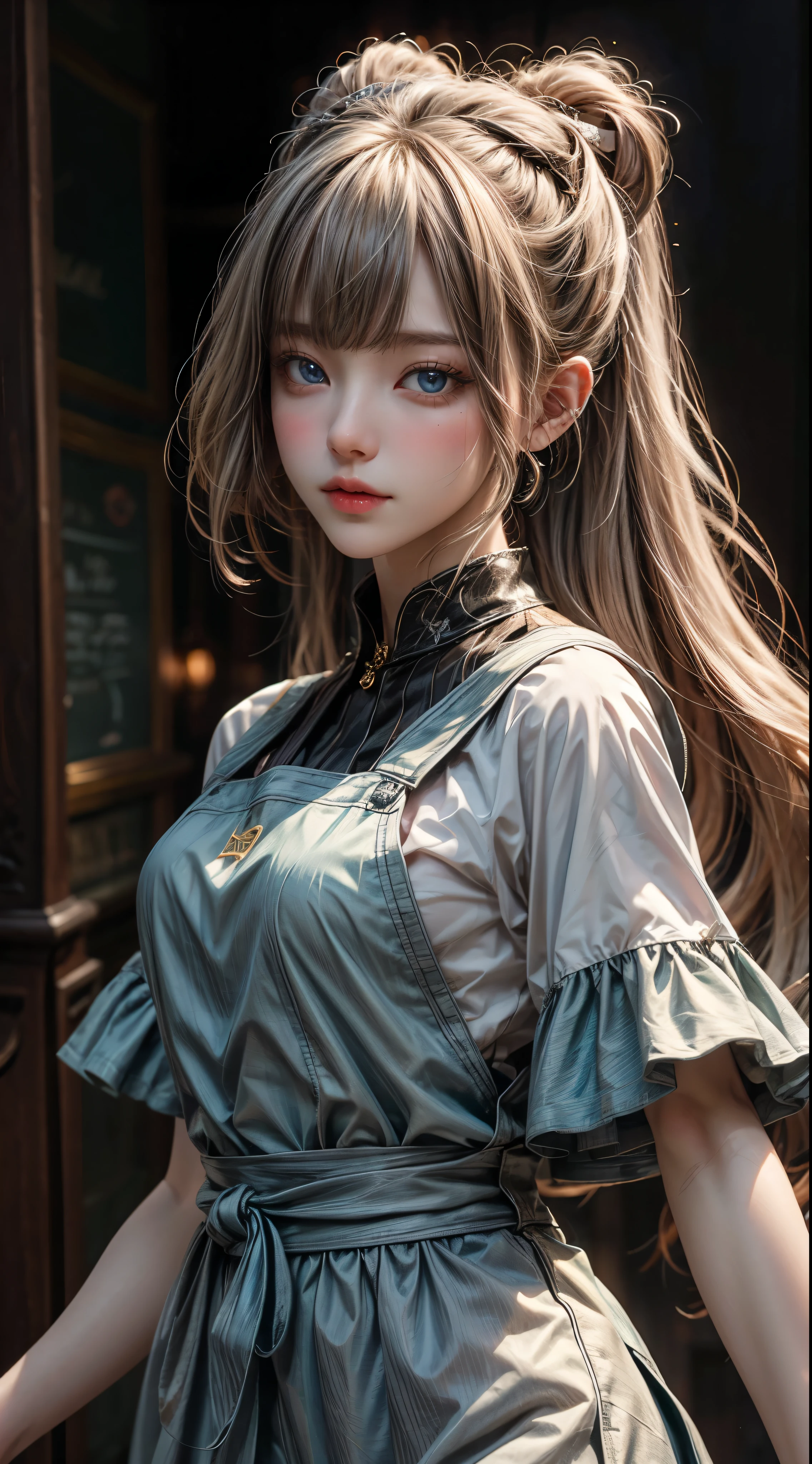 bright look、photorealism、highest quality、超A high resolution、photograph、A photo of a very beautiful girl from Scandinavia、extraordinary beautiful girl、cute and beautiful face details、(face to face with the children_V1:0.008)、beautiful bangs、alice in wonderland、18-year-old、radiant white skin、facial hair、Bangs that extend to the face、bangs between eyes、super long hair、Silky straight super long hair with an attractive pale platinum blonde color.、thin hair、Attractive and shining beautiful bright and clear light blue big eyes、white apron、yellow dress、eyeliner、double eyelid、rich bust、random sexy pose、goblin