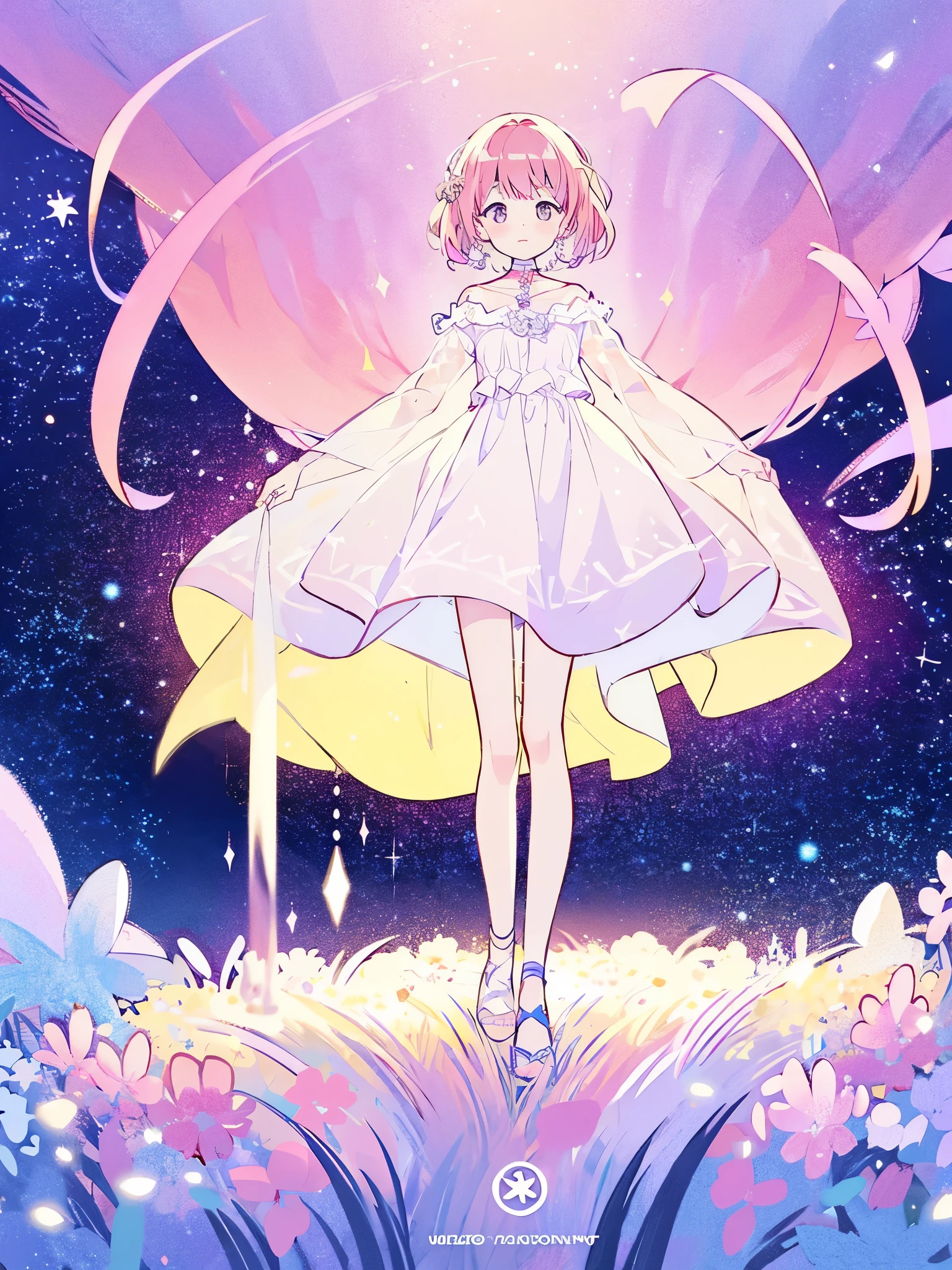 complex background, wishing star background, a woman wearing an ethereal mystical pink translucent dress that reflects the stars, perfume promo art, mystic, complex drawing, highly detailed, Covergirl brand, promo art, artistic rendition, ethereal, starry night, midjourney style