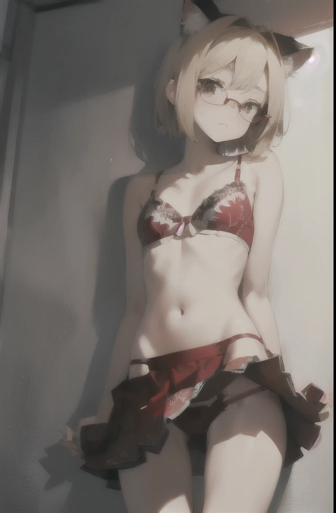 8K,best quality、Super detailed、masterpiece、realistic、Photoreal、(((red print bra on top、Bottom is a skirt of a high school student))),((((the skirt is twisted、Showing the crotch of red printed panties))))、((blush、looking down on the audience))、half body shot、(toilet room)、Bob Cut Blonde Hair,(Cat ear)、tablet glasses、((small 、very thin body、very thin thighs、very thin legs))、