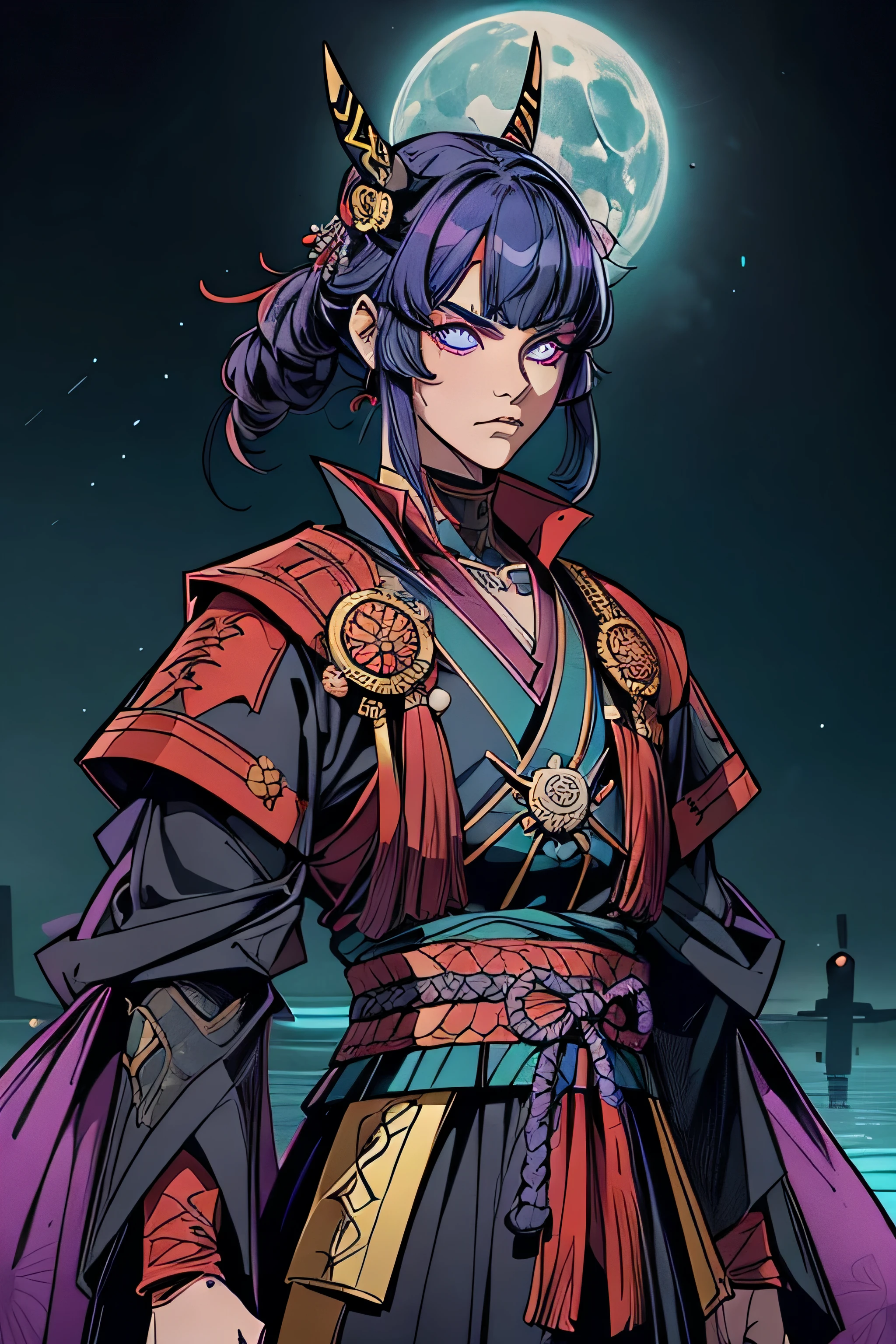 (um poderoso guerreiro samurai:1.1, atmosfera intensa, capacete blindado azul, golden samurai mask covering the face, estilo mortal kombat, manoplas douradas com azul, Armadura de perna dourada, Olhos azul brilhantes, esclera dos olhos preta, imposing presence, era feudal nobre, Samurai warrior from the Sengoku period, Formidable figure, pronto para a batalha, Destemido:1.1), olhos com escleras pretas estilo tokyo ghoul, red pupils, bright collors, paleta de cores azul, cor azul. The magnificent blue cloak seemed to have rippling water，If you look closely，Eyes will be instantly drawn to the deep blue，Even the entire soul will be sucked into the depths of the sea、Em meio ao azul infinito。 Parecia ter vinte e poucos anos, mas seu rosto bonito tinha um par de olhos profundos，Seus olhos pareciam vazioas parece ser abrangente，Ocasionalmente, an even more poignant flash of purple intent。There will be a shining moment、The Texture of Instant Life and Death, segurando espada japonesa, seguranda katana.