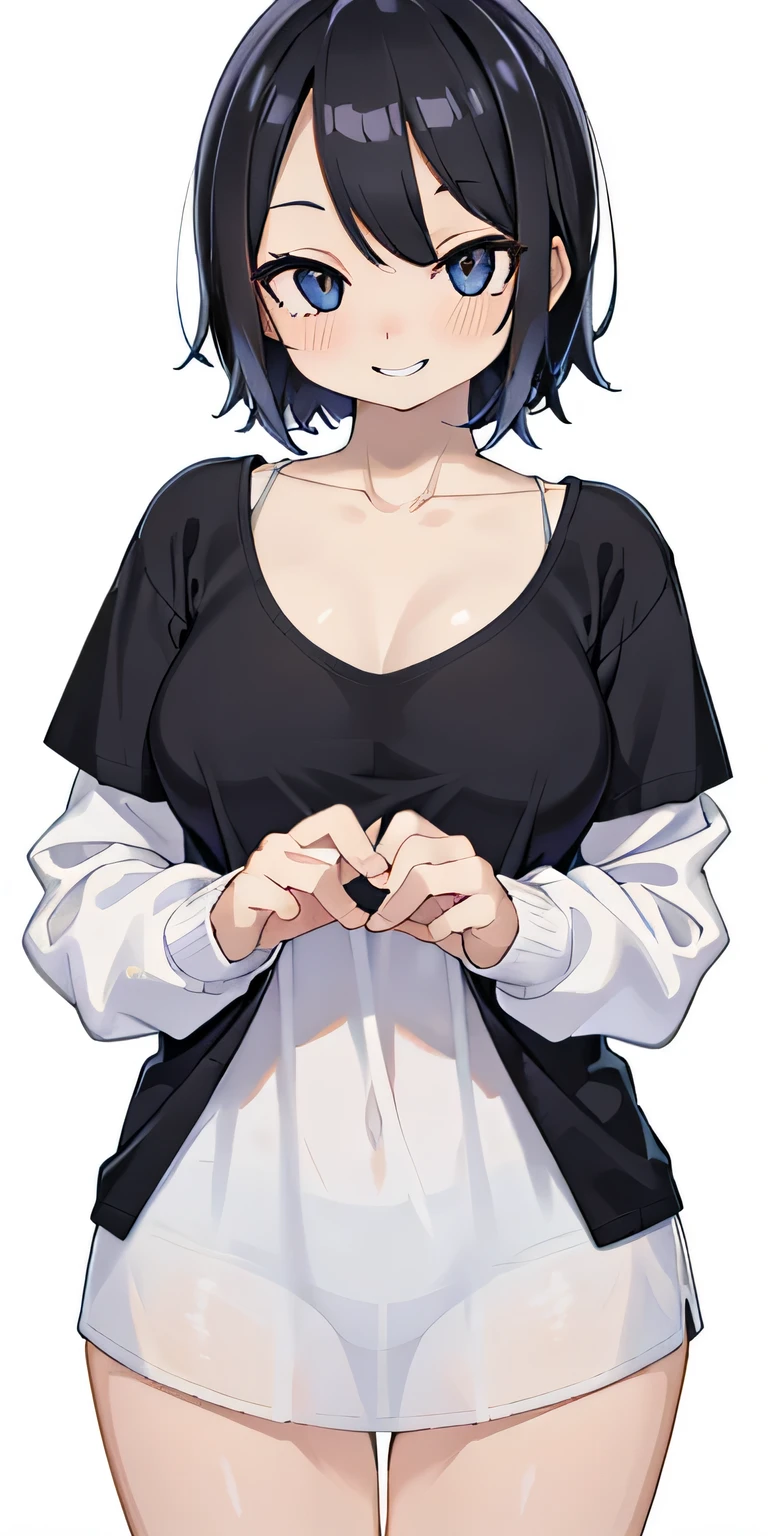 1 person,20-year-old, (detailed shiny skin:1.1), girl 1 person, diaphragm.((background through)),((white background))、Erotic、cowboy shot, (smile:1.5), black hair, detailed and beautiful eyes, (big breasts:0.3), beautiful clavicle, beautiful body, beautiful breasts, beautiful and detailed fingers, five fingers,((shirt)),(Room wear), (8K, highest quality, masterpiece:1.2, very detailed), (realistic), beautiful illustrations