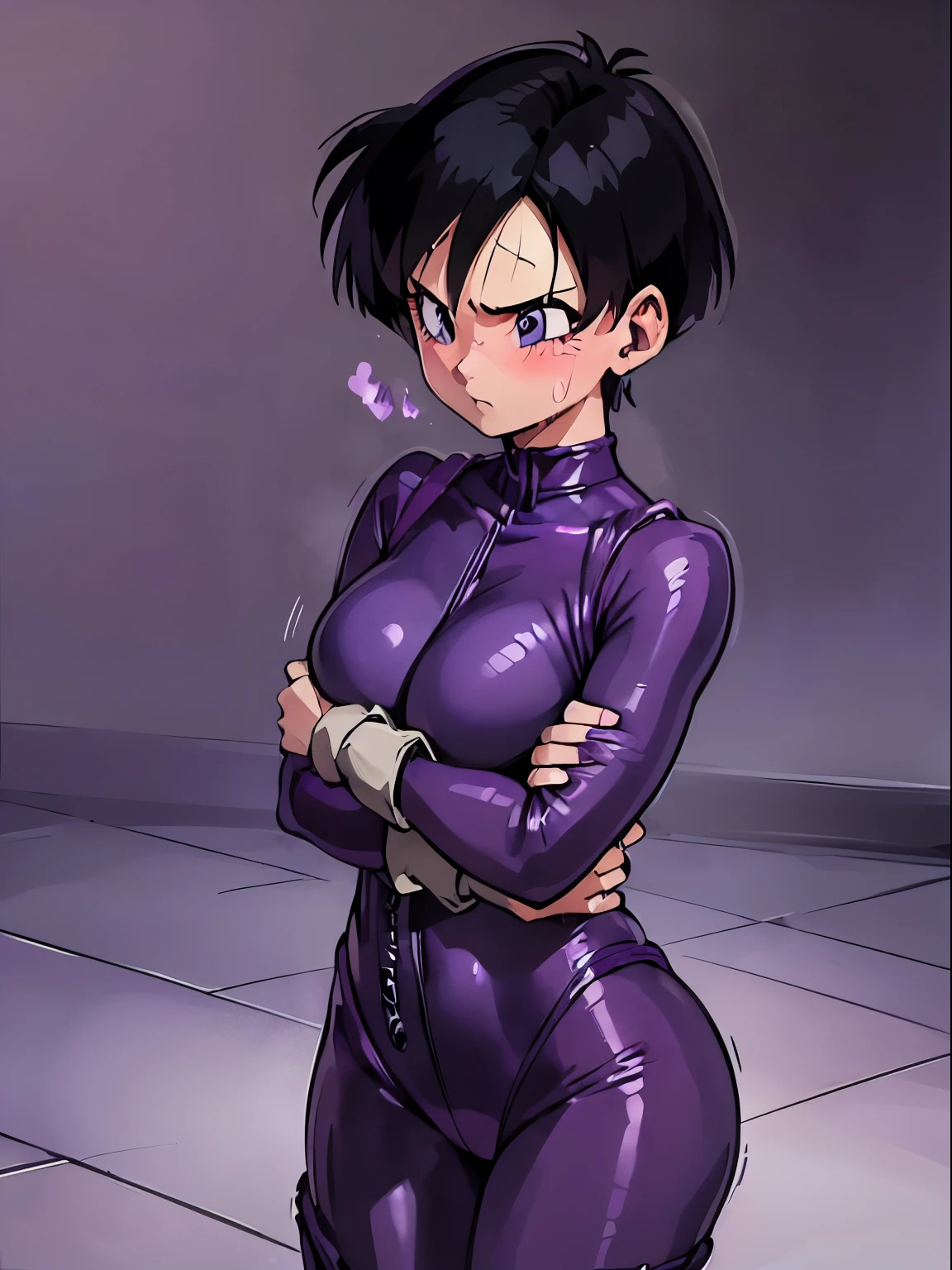 videl,1 girl,alone,((bright purple tight suit,:1.5)),barefoot,bare hands,((being hugged by an old man:1.4)),blush,embarrassing,serious face,blue eyes,Sweat,open your mouth wide,shy,black hair,spike hair,boyish girl,big breasts,Research room,