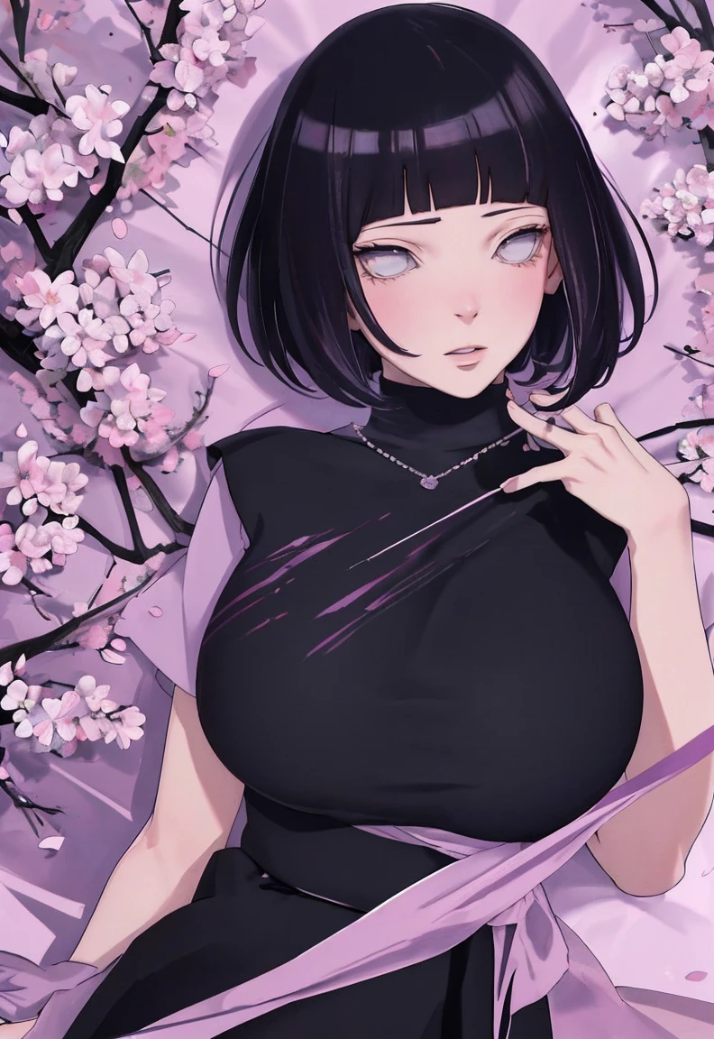 { - anatomy error} (Masterpiece - Ultra-detailed, very high resolution) (huge titusty, masterpiece, absurdres, hinata\(boruto\), 1girl, solo,mature female, lilac turtleneck blouse, black pant, looking at viewelling petals), perfect composition, detailed lips, big breast, beautiful face, body propotion, blush, (pink lips), short hair, (black hair), purple eyes, soft gaze, super realistic, detailed, photoshoot, realistic face and body, closed mouth , lilac eyes, upper body, hidden hands, perfect fingers, inocent face, portrait, Walking, writing, lying down, standing, on your back, dynamic poses