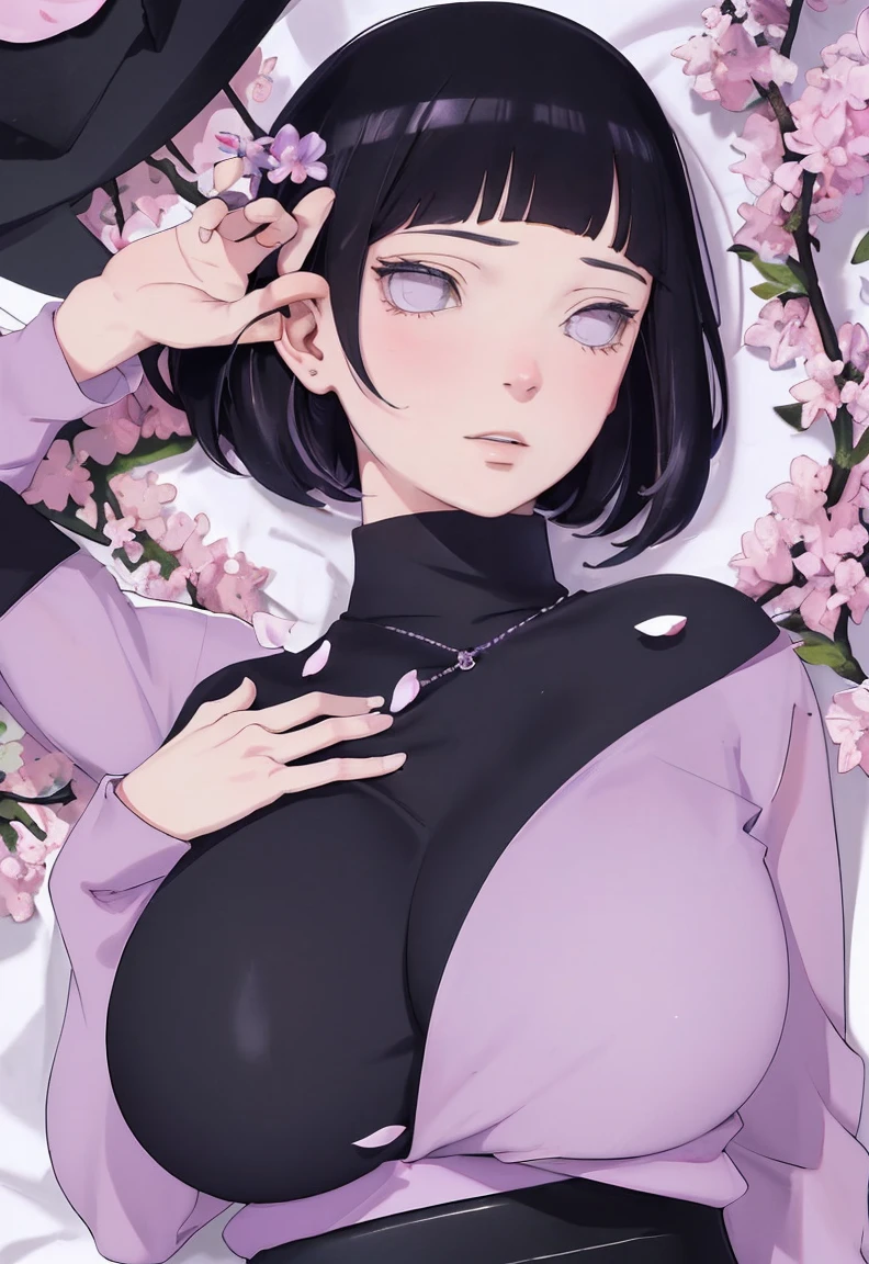 { - anatomy error} (Masterpiece - Ultra-detailed, very high resolution) (huge titusty, masterpiece, absurdres, hinata\(boruto\), 1girl, solo,mature female, lilac turtleneck blouse, black pant, looking at viewelling petals), perfect composition, detailed lips, big breast, beautiful face, body propotion, blush, (pink lips), short hair, (black hair), purple eyes, soft gaze, super realistic, detailed, photoshoot, realistic face and body, closed mouth , lilac eyes, upper body, hidden hands, perfect fingers, inocent face, portrait, Walking, writing, lying down, standing, on your back, dynamic poses