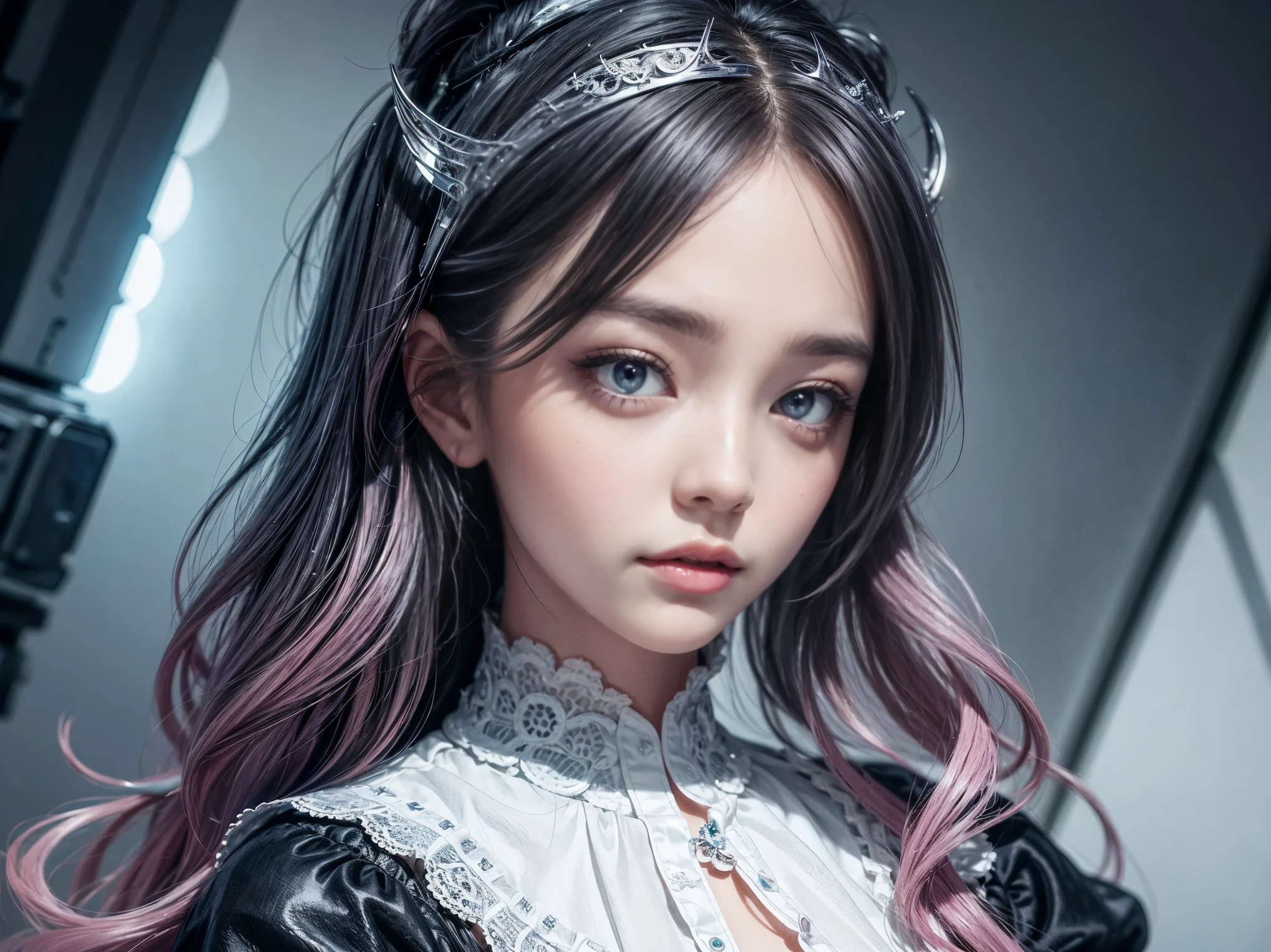 beautiful girl(alone)、photograph、Fantastic、(Loretta Lux:1.3)、pastel colour:0.6、surrealism:1.1、high contrast、super detailed、8K、Surreal hairstyle(monochromatic)