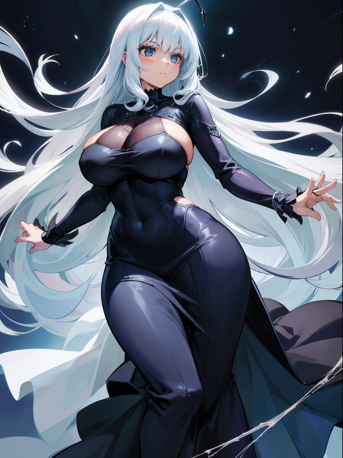 A large woman with spider-like features, wearing a web as clothing long dress low-cut white chrysalis hair