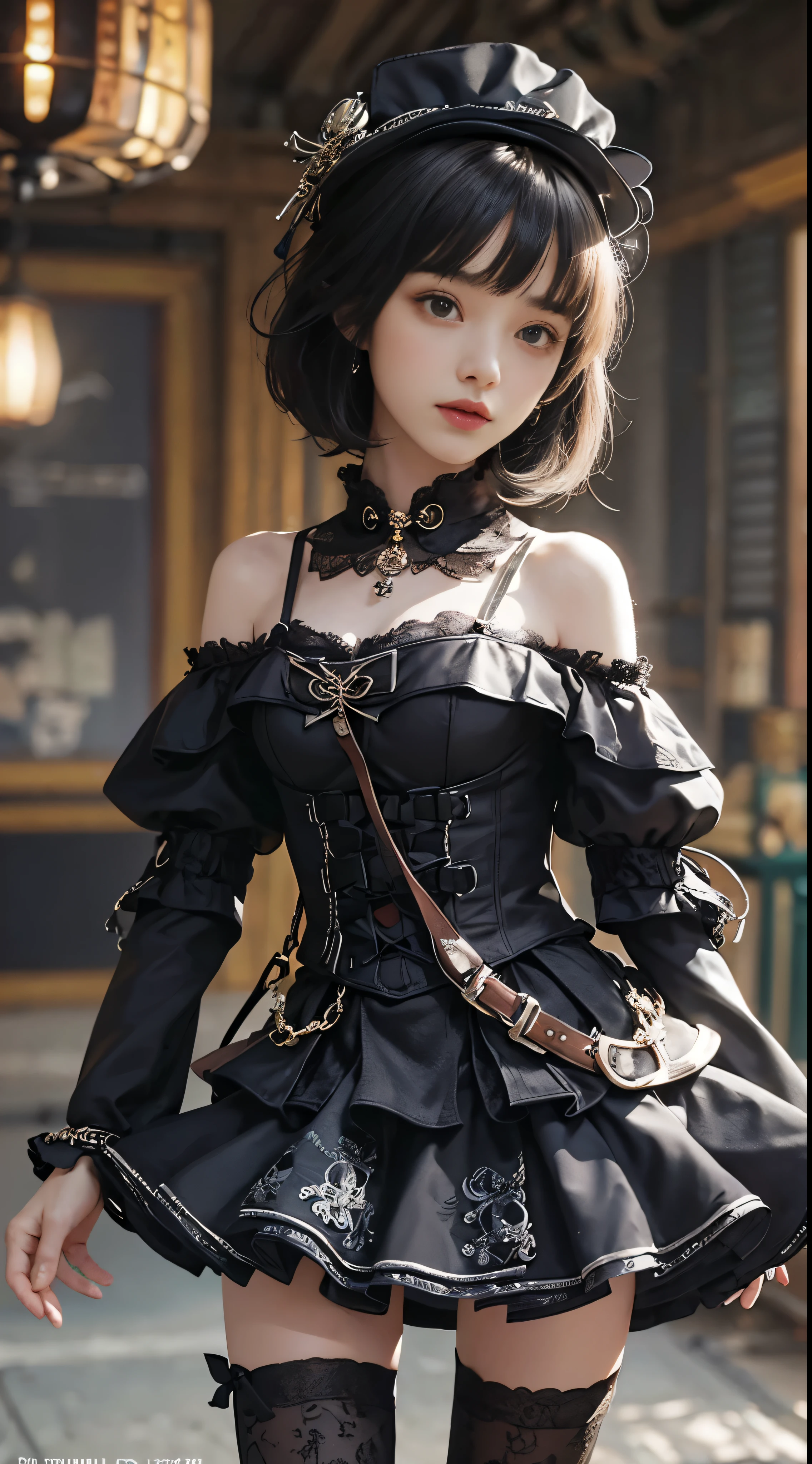 (((masterpiece, highest quality, Super detailed))), 1 female, (((very thin body))) , (((length, thin legs))), (((black short bob, thick fluffy bangs ))), (((highly detailed face))), No cosmetics, small and thin nose, thin mouth with small lips, (((Very sharp focused eyes))), Precise pale gray eyes with large slits, shine like a jewel, length eyelashes, ((Highly decorative intricate mechanical steampunk fashion, Lace Flare Mini Skirt, above the knee lace stockings, Lace Off Shoulder Lolita Fashion, Overly decorative fashion)), Abandoned Night, Complex mechanized steampunk factory catches fire and explodes, (((Overall accuracy has been dramatically improved, creating a Super detailed and realistic image))),  super realistic photos, (((Steampunk room)))