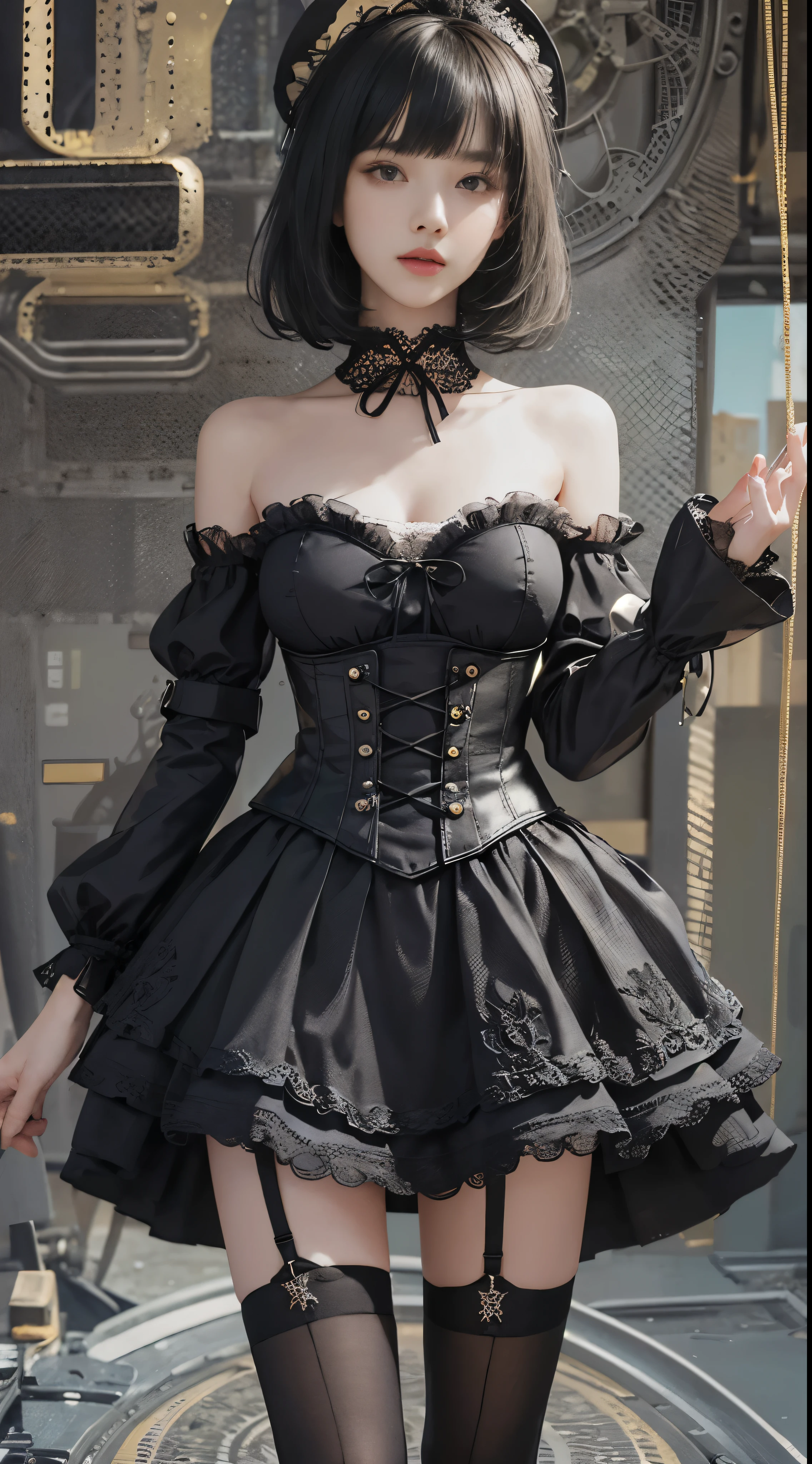 (((masterpiece, highest quality, Super detailed))), 1 female, (((very thin body))) , (((length, thin legs))), (((black short bob, thick fluffy bangs ))), (((highly detailed face))), No cosmetics, small and thin nose, thin mouth with small lips, (((Very sharp focused eyes))), Precise pale gray eyes with large slits, shine like a jewel, length eyelashes, ((Highly decorative intricate mechanical steampunk fashion, Lace Flare Mini Skirt, above the knee lace stockings, Lace Off Shoulder ta Fashion, Overly decorative fashion)), Abandoned Night, Complex mechanized steampunk factory catches fire and explodes, (((Overall accuracy has been dramatically improved, creating a Super detailed and realistic image))), super realistic photos, (((Steampunk room)))