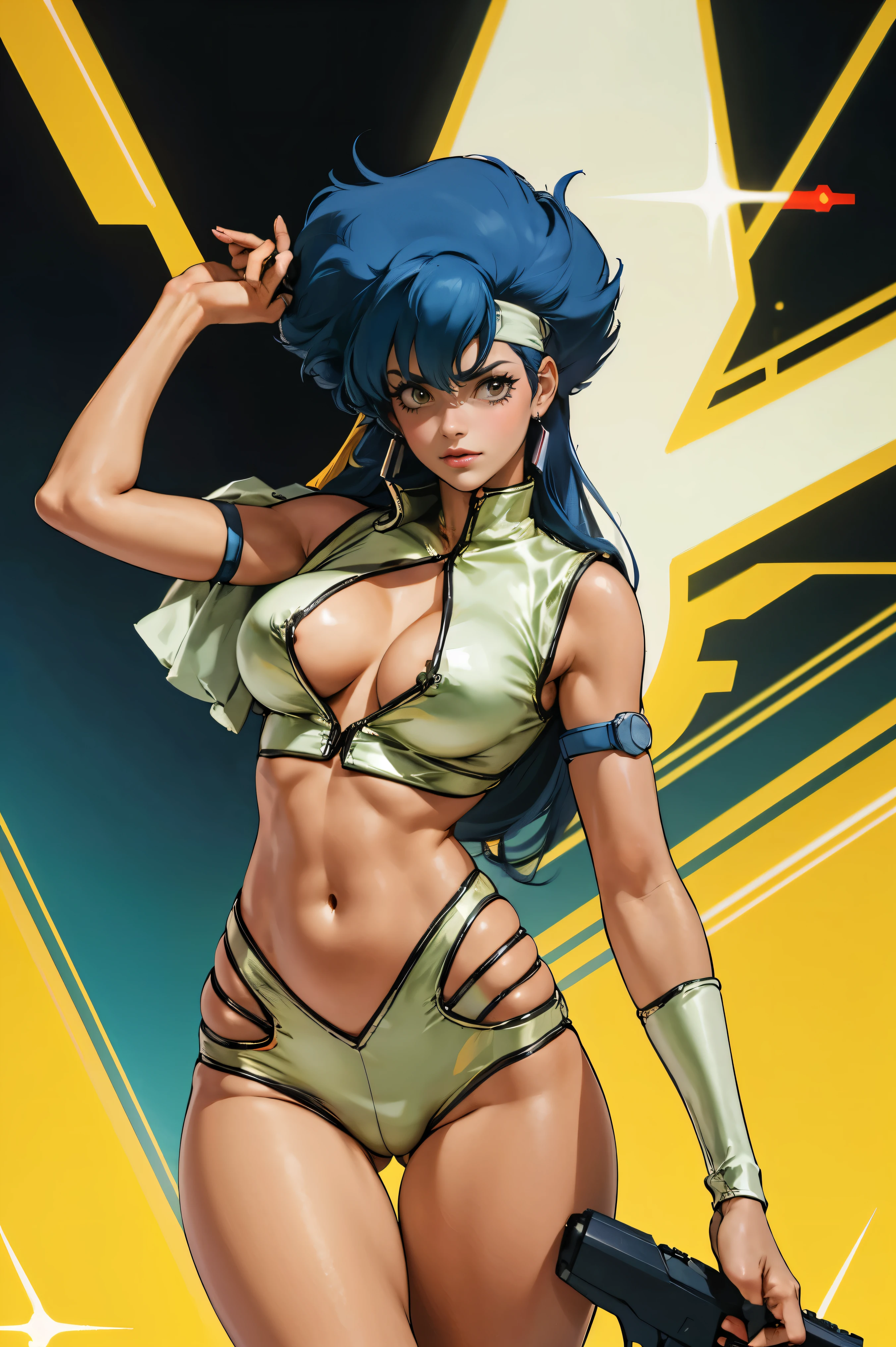 Yuri from The Dirty Pair, , wearing a tight outfit, light sage uniform, skimpy, medium breast, (long hair), dark blue hair, long smooth hair, beauty, cyberpunk city background, holding retro space-gun, cleavage, slim waist, slim thighs, thigh gap, (light yellow uniform), show belly