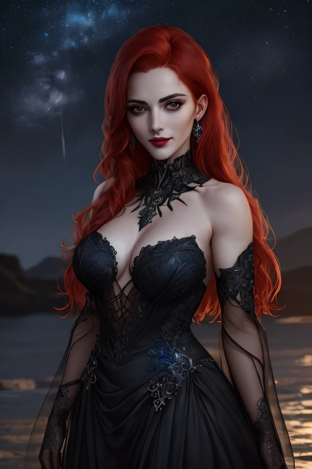 (portrait shot, ((vivid red hair)), mature woman, 30 years old, diamond face, moonlight, red starry sky background, depth of field, magic, big red lips, ((dark black eyes)) black and red long and full dress, covered chest, mystical atmosphere, ominous shadows, Intense blue aura, Intense red aura (best quality:1.2), absurdres, intricate details, (highly detailed skin:1.2), smile expression, posing, taut and well defined body, attractive. Highly realistic, pale skin, beautiful, hyperrealism, skin very elaborated, direct gaze