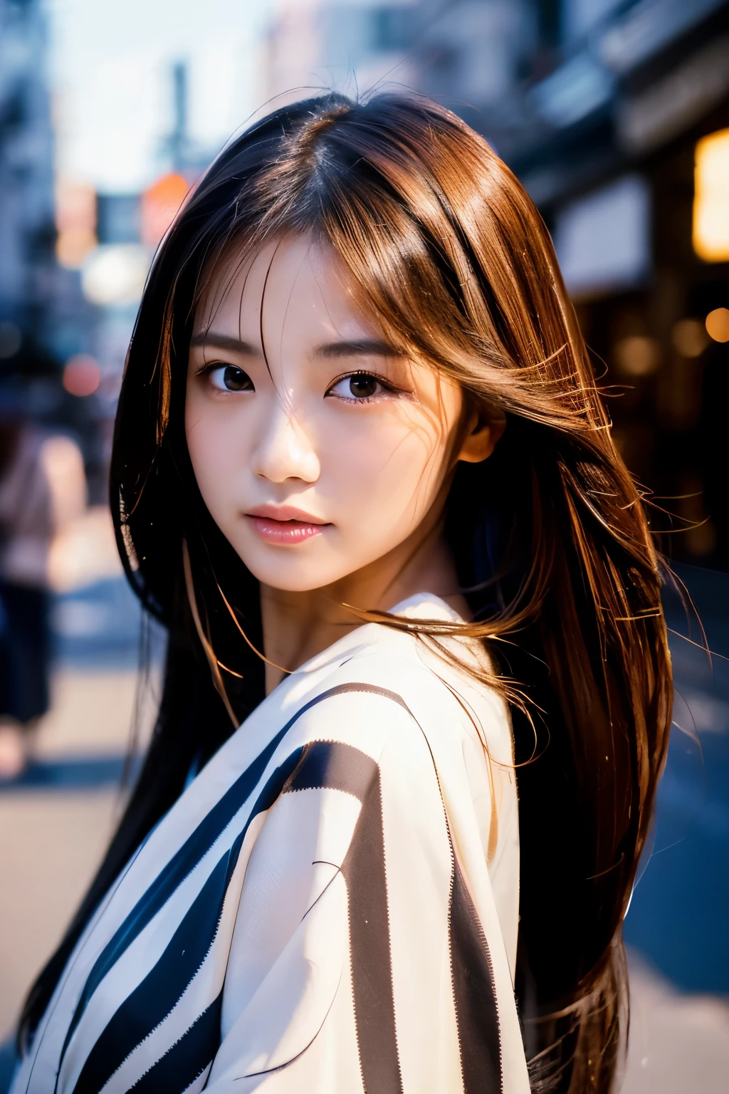 Beautiful Japanese supermodel woman, A lock of hair with slight highlights, black eyes, Sexy,street background,Gorgeous kimono , Liquid color flows across her face, Shooting against the light,Perfect facial lighting,mixed media