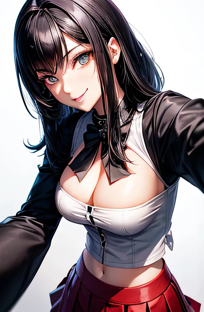 beautiful face,anime,cool beauty,1 girl,black hair,medium hair,medium chest,20th generation,no pubic hair,Height: 162cm,sharp outline,slim body,amusement park,smile,Half-up hairstyle,(selfie:1.5),blouse,flare skirt,