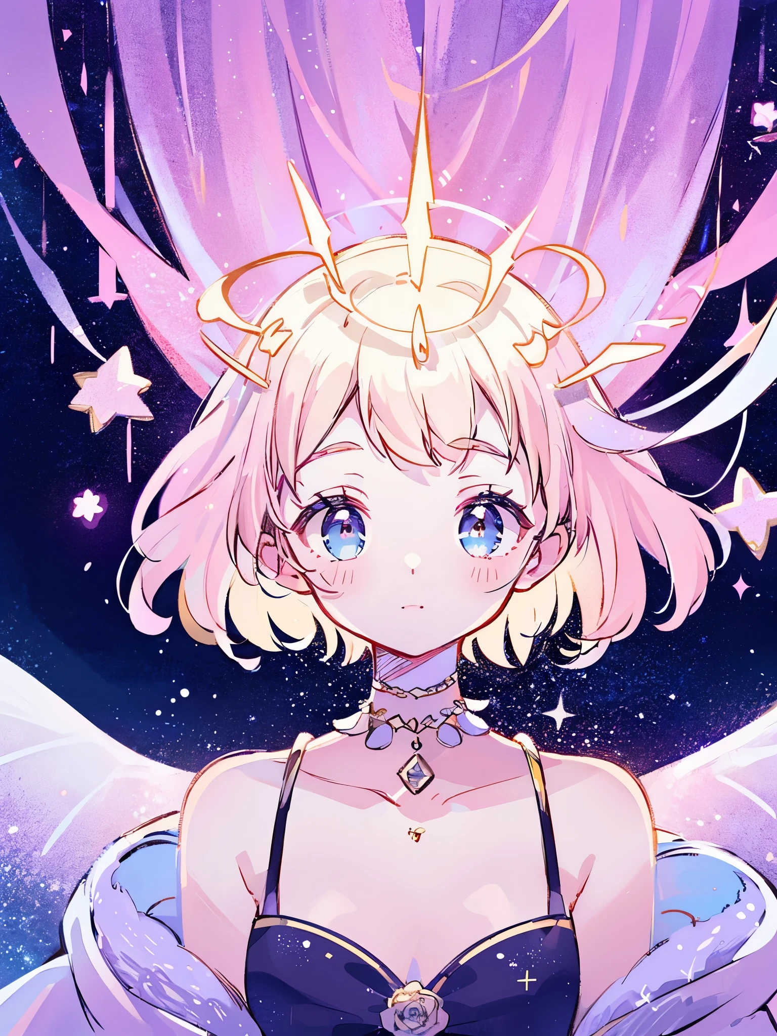 complex background, wishing star background, a woman wearing an ethereal mystical pink translucent dress that reflects the stars, perfume promo art, mystic, complex drawing, highly detailed, Covergirl brand, promo art, artistic rendition, ethereal, starry night, midjourney style
