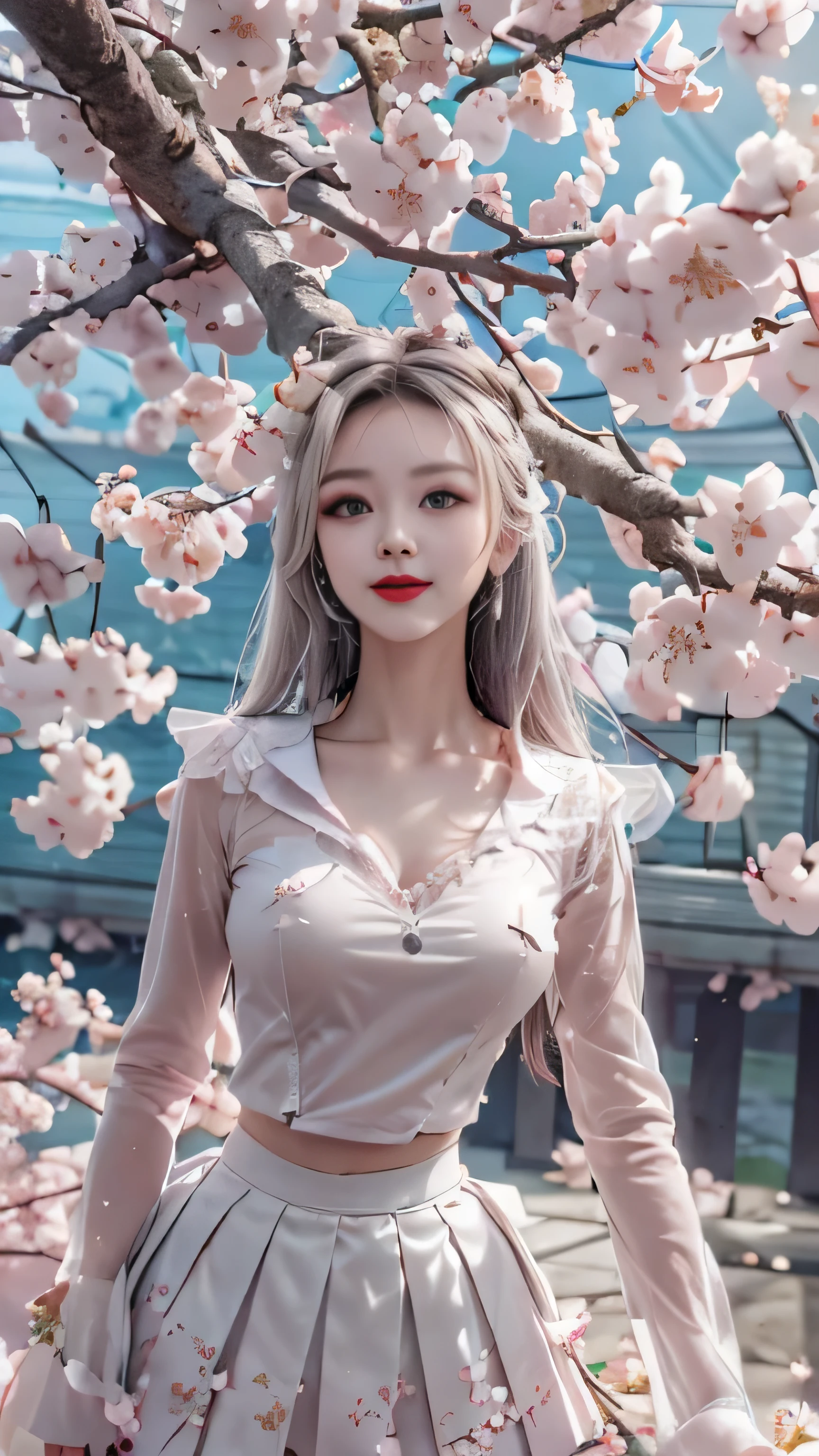 ((Girls standing on a row of cherry blossom trees)),top quality work,Real work,Ultra premium graphics,8K HD CG作品,high quality graphics,High-definition CG works,10x pixels,super fine details:1.1,Advanced technical details:1.1Photo-realistic,indoor lighting effects:1.5,Natural light:1.5. light effect(virtual light effect:1.8),超A high resolution,shiny red dress,長いsilver hair,silver hair,transparent hair,high detail hair(premium hair detail:1.1)clear eyes,beautiful double eyelids,sharp eye makeup, delicate eyelash makeup, thin eyebrows, highly detailed eyes,high nose, nice red lips, rose cheeks, A face with delicate makeup , cute face, perfectly proportioned face,(Advanced facial details:1.1),shiny,wonderful dress,bright red series,(white blazer) 、(white blouse)、(red bow tie)、(checked skirt)、(My skirt flies up in the wind)、white panties are visible、girls school uniform、photo shoot,woman'artwork of,full body figure,realism,wonderful,My eyes are shining today、(smile),(Cherry blossom petals are dancing)、((In a blizzard of flowers))、(smile),