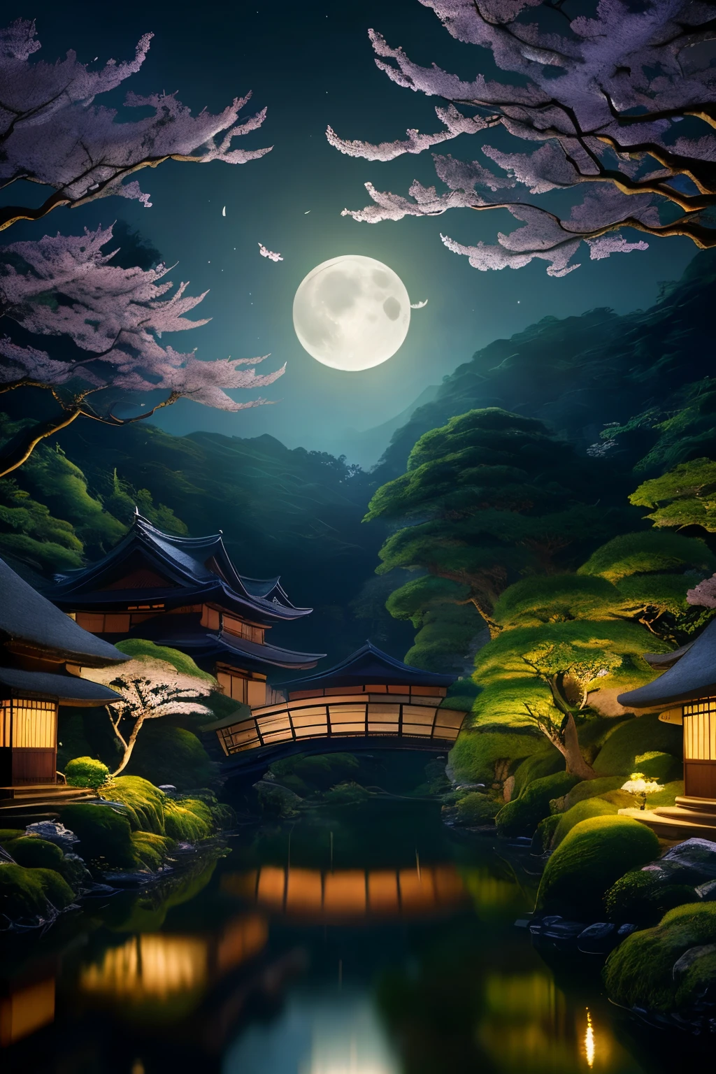 In the tranquil moonlit night, a captivating landscape unfolds before us in the enchanting Ghibli painting style, reminiscent of Hayao Miyazaki's enchanting masterpieces. A serene pond reflects the glowing orb, its ripples shimmering under the ethereal silver light. Delicate cherry blossoms scatter across the scenery, swaying gently in the silent breeze. A quaint Japanese village nestles at the foot of the hills, its thatched roofs and paper lanterns softly illuminated by the otherworldly glow. The moonbeams casting elongated, intricate shadows on the landscape, as if painting a