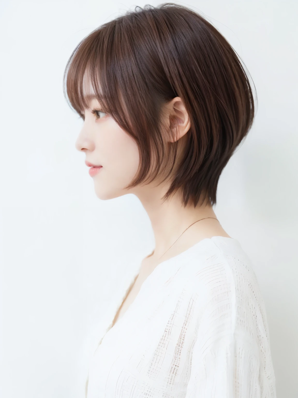 White long sleeve dress、(8K、Raw photo、highest quality、masterpiece:1.2)、High-definition RAW color photo、professional photos、(realistic、photo realistic:1.37)、cinematic light、1 girl、laughter、white wall、Taken in front of the white door、(窓のあるwhite wallの部屋)、Various poses、break (ombre:1.3) 、simple necklace、spring clothes、(Beautiful profile:1.3)、don&#39;t look at the camera、profile、dark brown hair color、short hair
