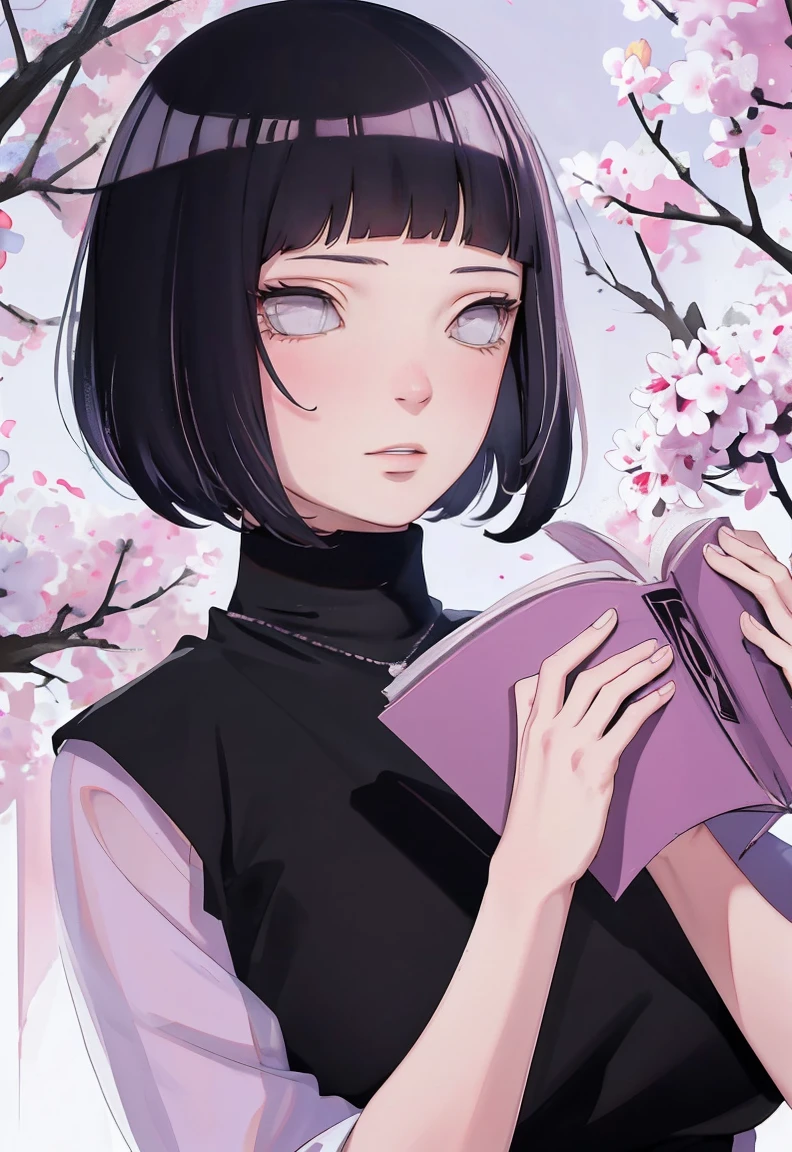 { - anatomy error} (Masterpiece - Ultra-detailed, very high resolution) (huge titusty, masterpiece, absurdres, hinata\(boruto\), 1girl, solo,mature female, lilac turtleneck blouse, black pant, looking at viewelling petals), perfect composition, detailed lips, big breast, beautiful face, body propotion, blush, (pink lips), short hair, (black hair), purple eyes, soft gaze, super realistic, detailed, photoshoot, realistic face and body, closed mouth , lilac eyes, upper body, hidden hands, perfect fingers, inocent face, portrait, , writing, reading, dynamic poses