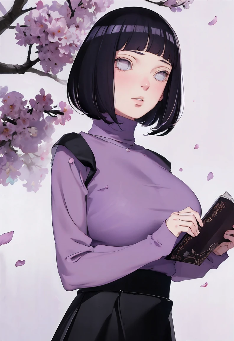 { - anatomy error} (Masterpiece - Ultra-detailed, very high resolution) (huge titusty, masterpiece, absurdres, hinata\(boruto\), 1girl, solo,mature female, lilac turtleneck blouse, black pant, looking at viewelling petals), perfect composition, detailed lips, big breast, beautiful face, body propotion, blush, (pink lips), short hair, (black hair), purple eyes, soft gaze, super realistic, detailed, photoshoot, realistic face and body, closed mouth , lilac eyes, upper body, hidden hands, perfect fingers, inocent face, portrait, , writing, reading, dynamic poses