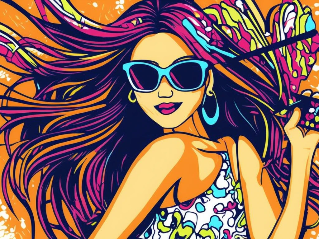 Vector art girl,illustration,girl with long hair and glasses,cute,smiling,with a flower in her hair,holding a paintbrush and palette,happy expression,soft lines and bright colors,background with abstract shapes and patterns,vibrant color scheme,(best quality,ultra-detailed,highres),digital art,modern,comic style lighting.