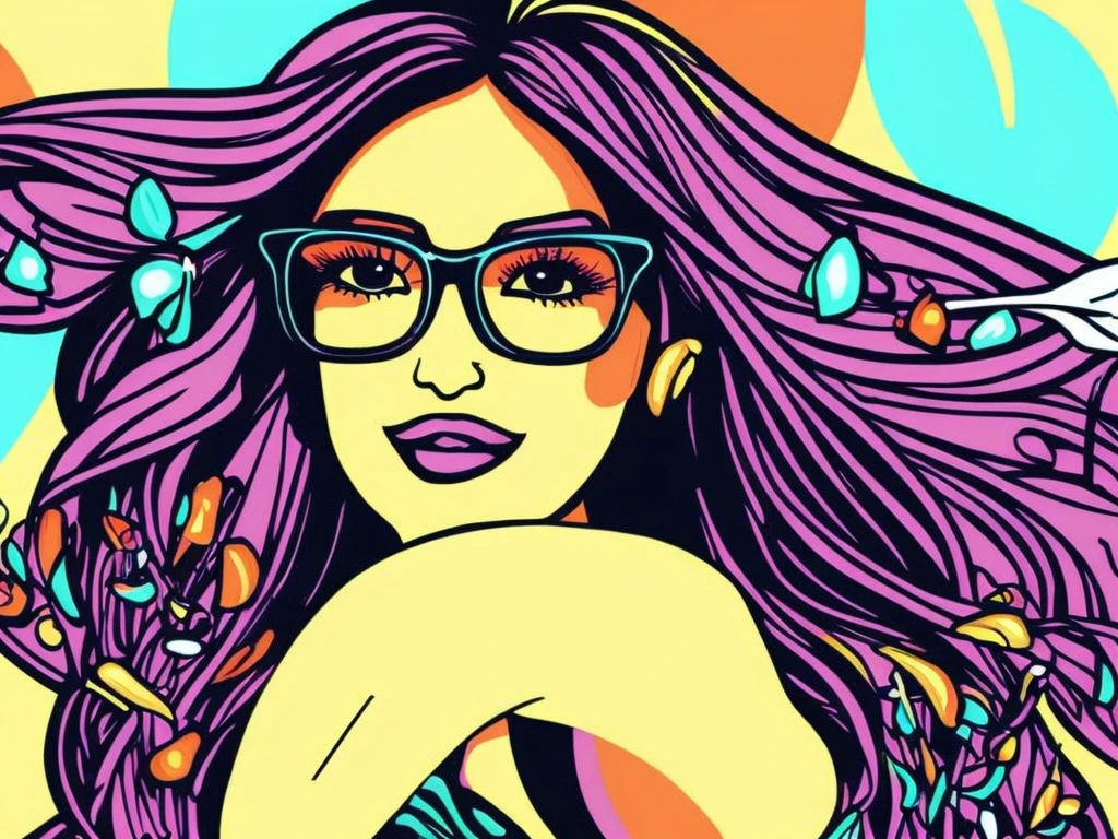 Vector art girl,illustration,girl with long hair and glasses,cute,smiling,with a flower in her hair,holding a paintbrush and palette,happy expression,soft lines and bright colors,background with abstract shapes and patterns,vibrant color scheme,(best quality,ultra-detailed,highres),digital art,modern,comic style lighting.