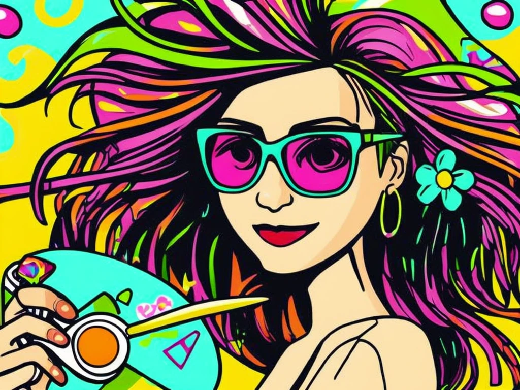 Vector art girl,illustration,girl with long hair and glasses,cute,smiling,with a flower in her hair,holding a paintbrush and palette,happy expression,soft lines and bright colors,background with abstract shapes and patterns,vibrant color scheme,(best quality,ultra-detailed,highres),digital art,modern,comic style lighting.