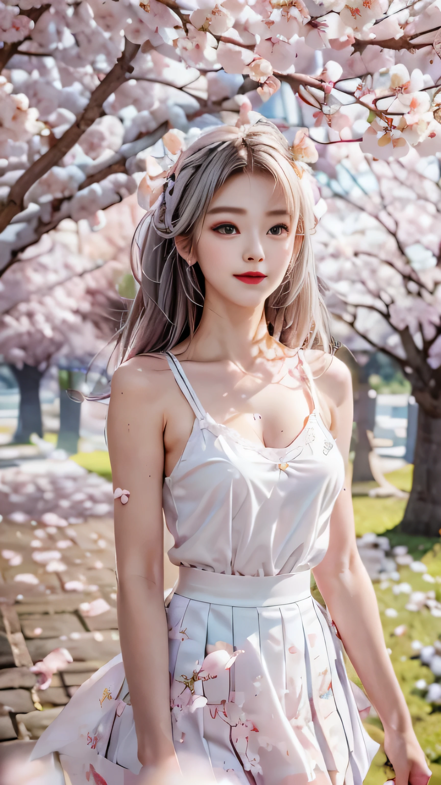 ((Girls standing on a row of cherry blossom trees)),top quality work，Real work，Ultra premium graphics，8K HD CG作品，high quality graphics，High-definition CG works，10x pixels，super fine details：1.1，Advanced technical details：1.1Photo-realistic，indoor lighting effects：1.5，Natural light：1.5. light effect（virtual light effect：1.8），超A high resolution，shiny red dress，長いsilver hair，silver hair，transparent hair，high detail hair（premium hair detail：1.1）clear eyes，beautiful double eyelids，sharp eye makeup, delicate eyelash makeup, thin eyebrows, highly detailed eyes，high nose, nice red lips, rose cheeks, A face with delicate makeup , cute face, perfectly proportioned face,（Advanced facial details：1.1），shiny，wonderful dress，bright red series，(white blazer) 、(white blouse)、(red bow tie)、(checked skirt)、（My skirt flies up in the wind)、white panties are visible、girls school uniform、photo shoot，woman&#39;artwork of，full body figure，realism，wonderful，My eyes are shining today、(smile),(Cherry blossom petals are dancing)、((In a blizzard of flowers))、(smile),