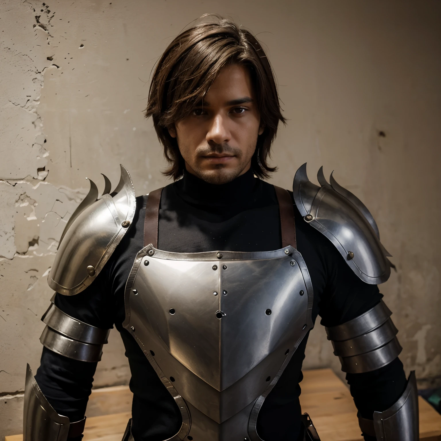 I want to create a male character wearing homemade cardboard armor ,com um capacete que abre na parte de viseira