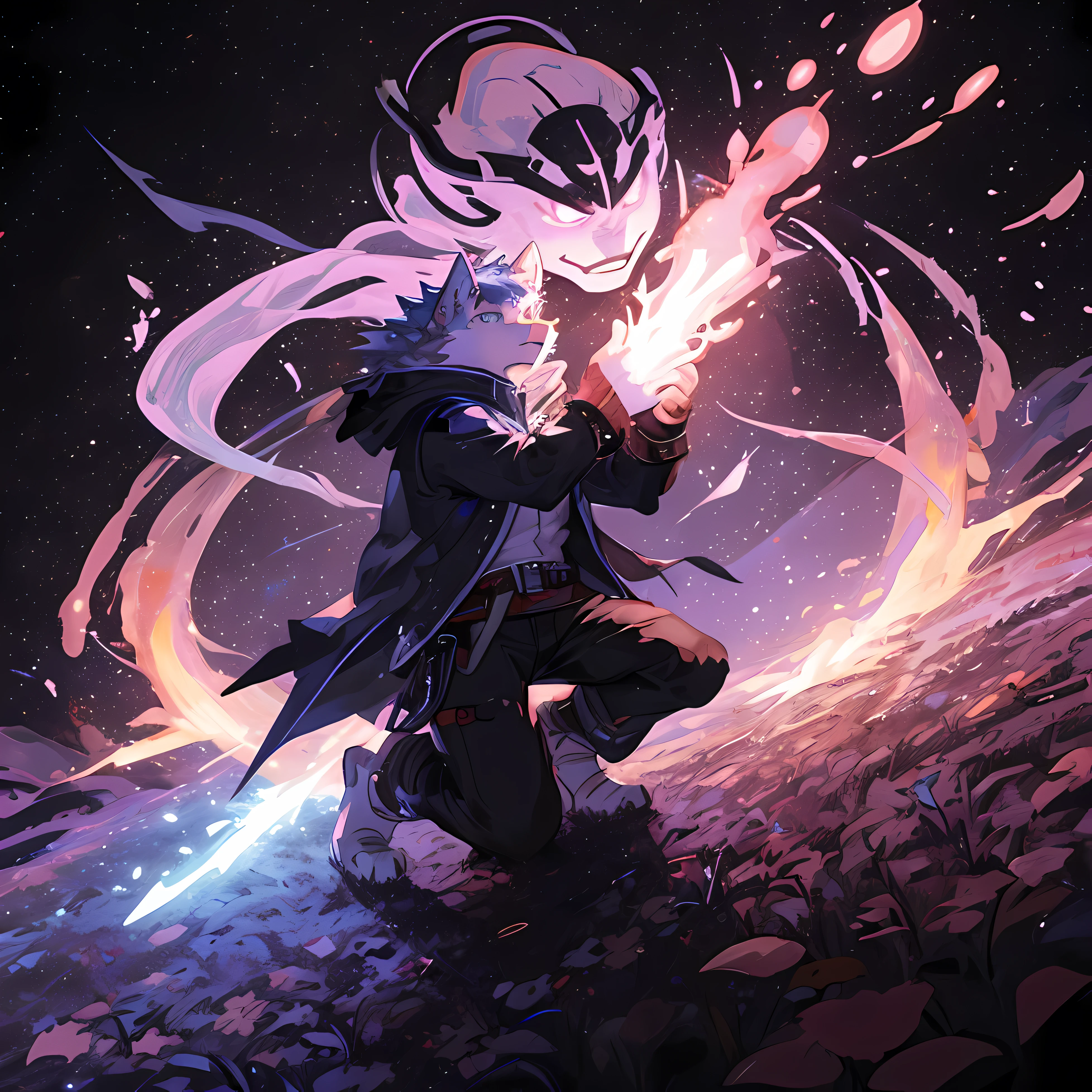 background,The power of swirling magic,Wolf Beastman,front,1 person,solo,The right eye is glowing blue,are fighting,Shota, magic,battle,long hoodie,sleeves that cover the hands,pants, Boot sneakers