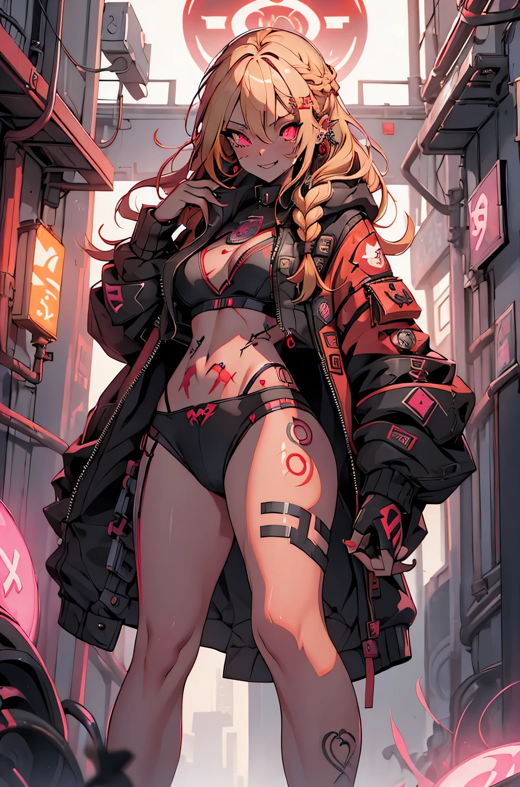 1girl, rebecca \(cyberpunk\), full body, solo, blonde braid hair, glowing red eyes,laugh fearlessly, leg tattoo, neck tattoo, large chest, black bra, thong, red pupils, skin fang, red eyes, black jacket,