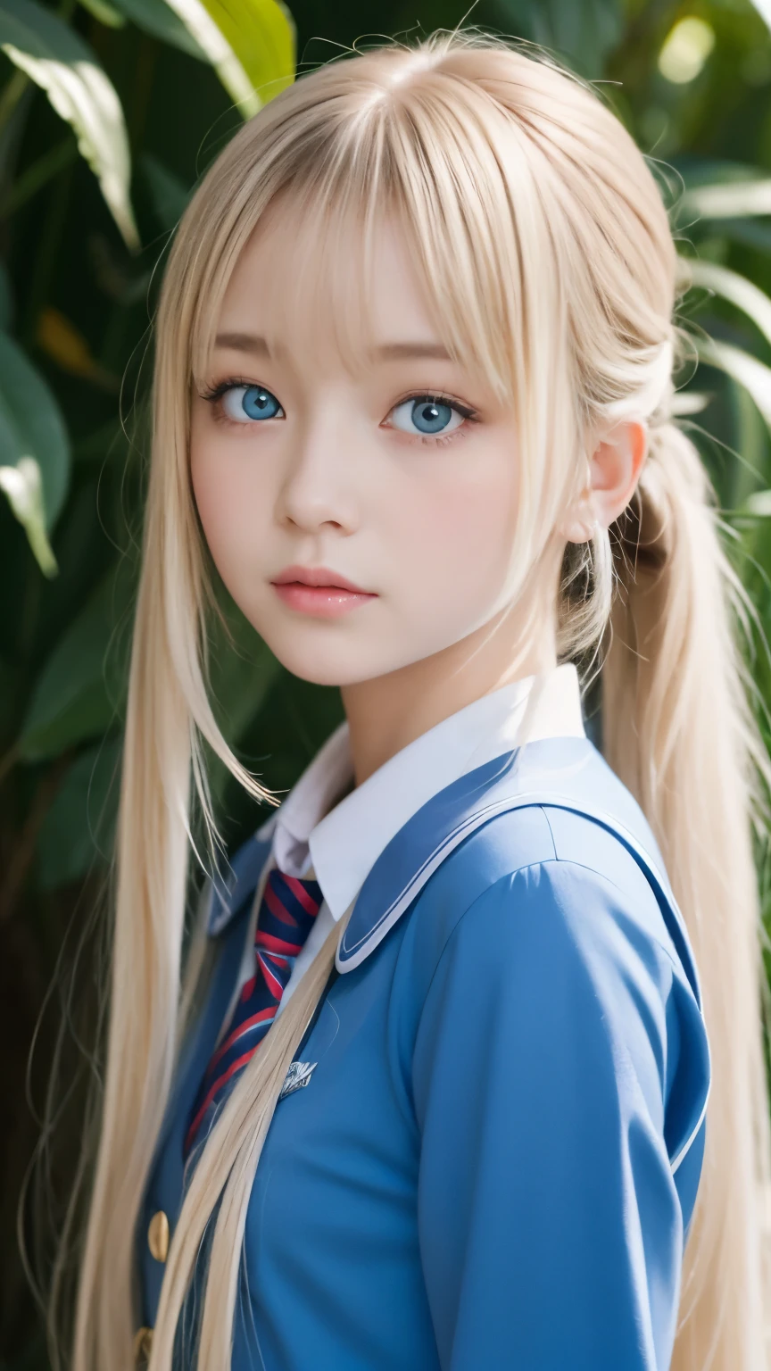bright look、photorealism、highest quality、超A high resolution、picture、The most beautiful Nordic girls photos、cute and beautiful face details、small face、(Pueros face_V1:0.008)、美しいbangs、alice in wonderland、、Brilliant white skin、ponytail、顔まで伸びるbangs、bangs、hair between eyes、super long hair、Charming platinum blonde super long silky high hair、light blue eyes、Charming shining beautiful bright clear light blue big eyes、school uniform、、eyeliner、double eyelid、ample breasts