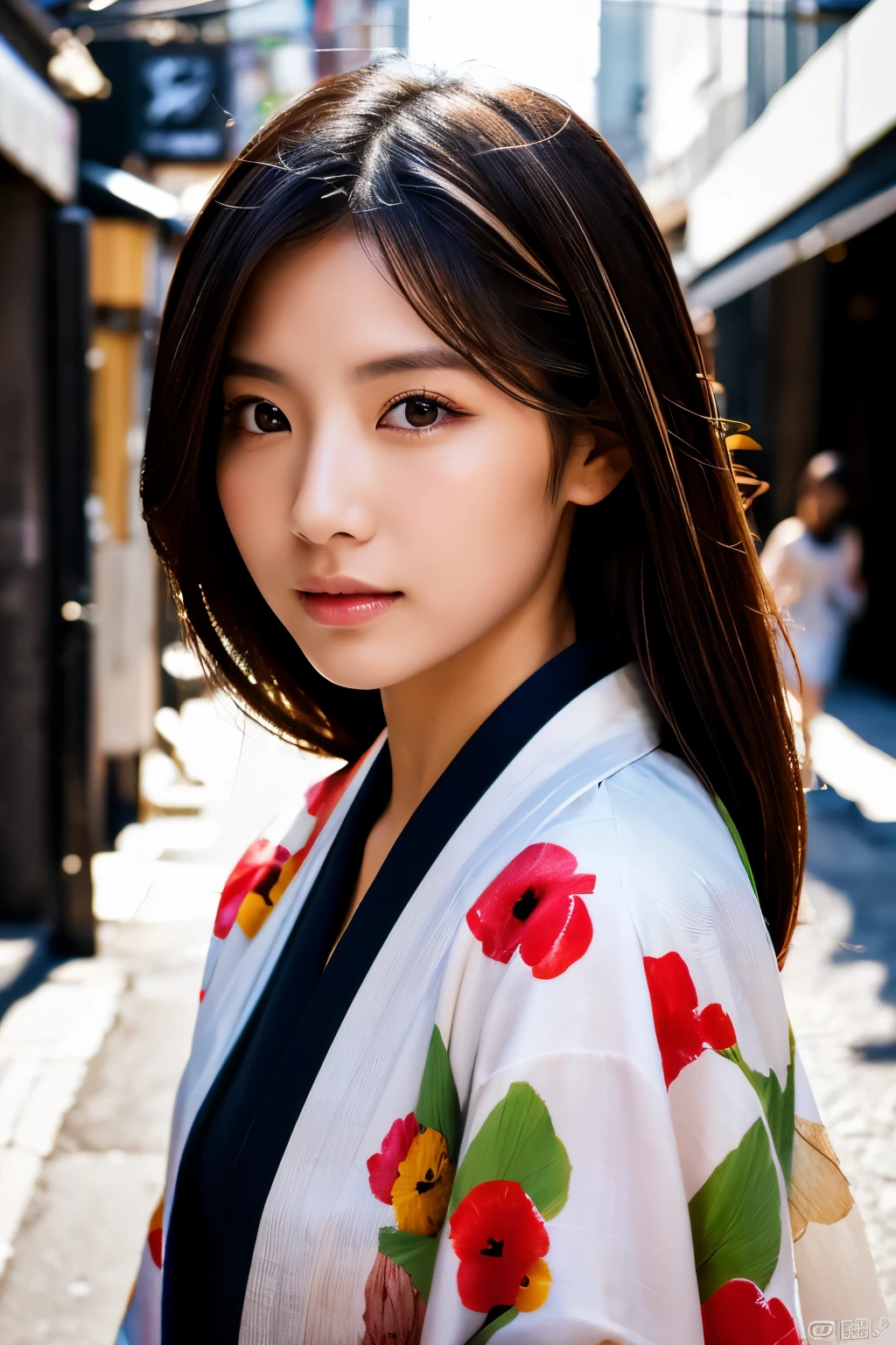 Beautiful Japanese supermodel woman, A lock of hair with slight highlights, black eyes, Sexy,street background,Gorgeous kimono , Liquid color flows across her face, Shooting against the light,Perfect facial lighting,mixed media