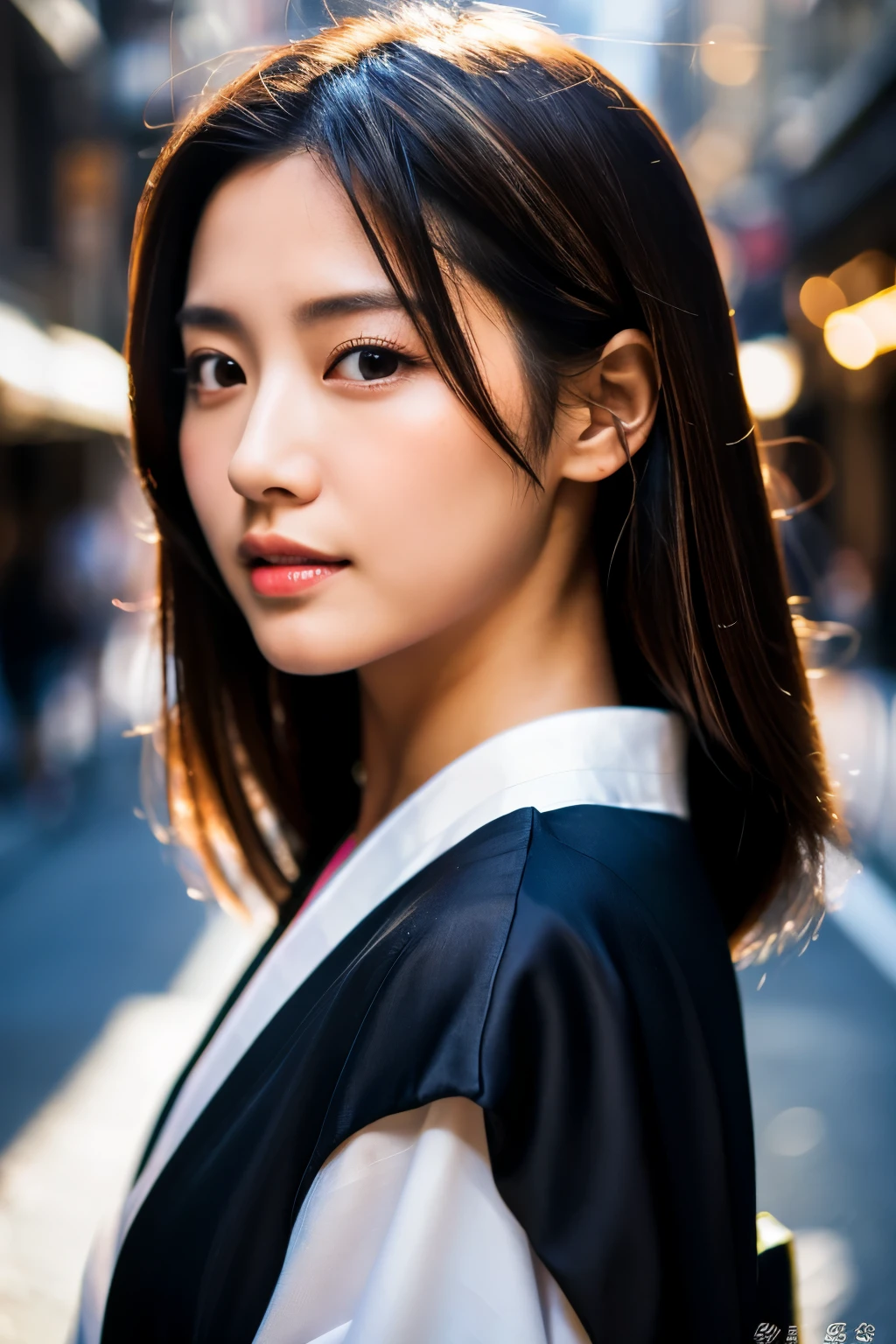 Beautiful Japanese supermodel woman, A lock of hair with slight highlights, black eyes, Sexy,street background,Gorgeous kimono , Liquid color flows across her face, Shooting against the light,Perfect facial lighting,mixed media
